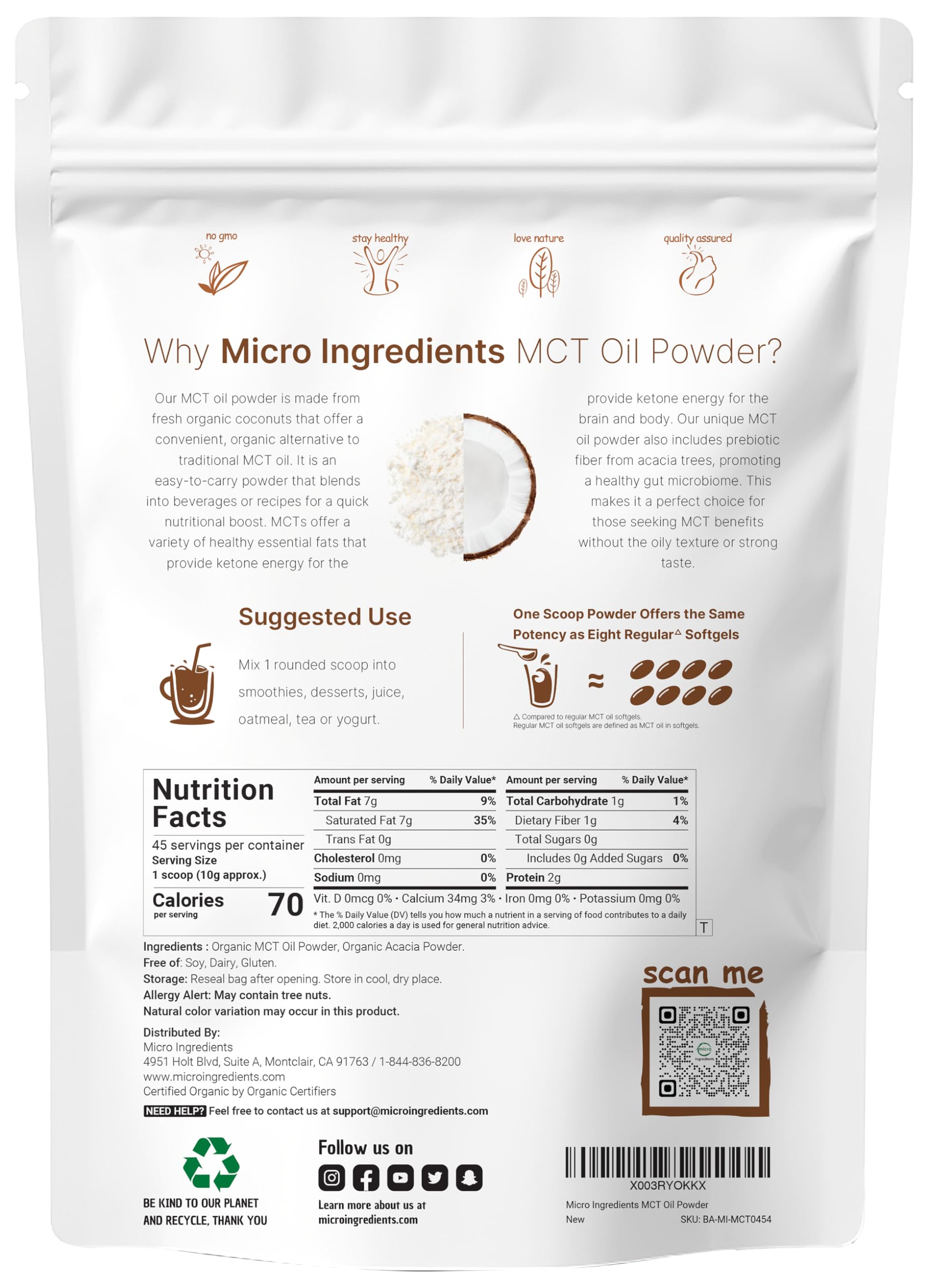 Organic MCT Oil Powder with Prebiotic Fiber,1 Pound(16 Ounce), Fast Fuel for Body and Brain Micro Ingredients