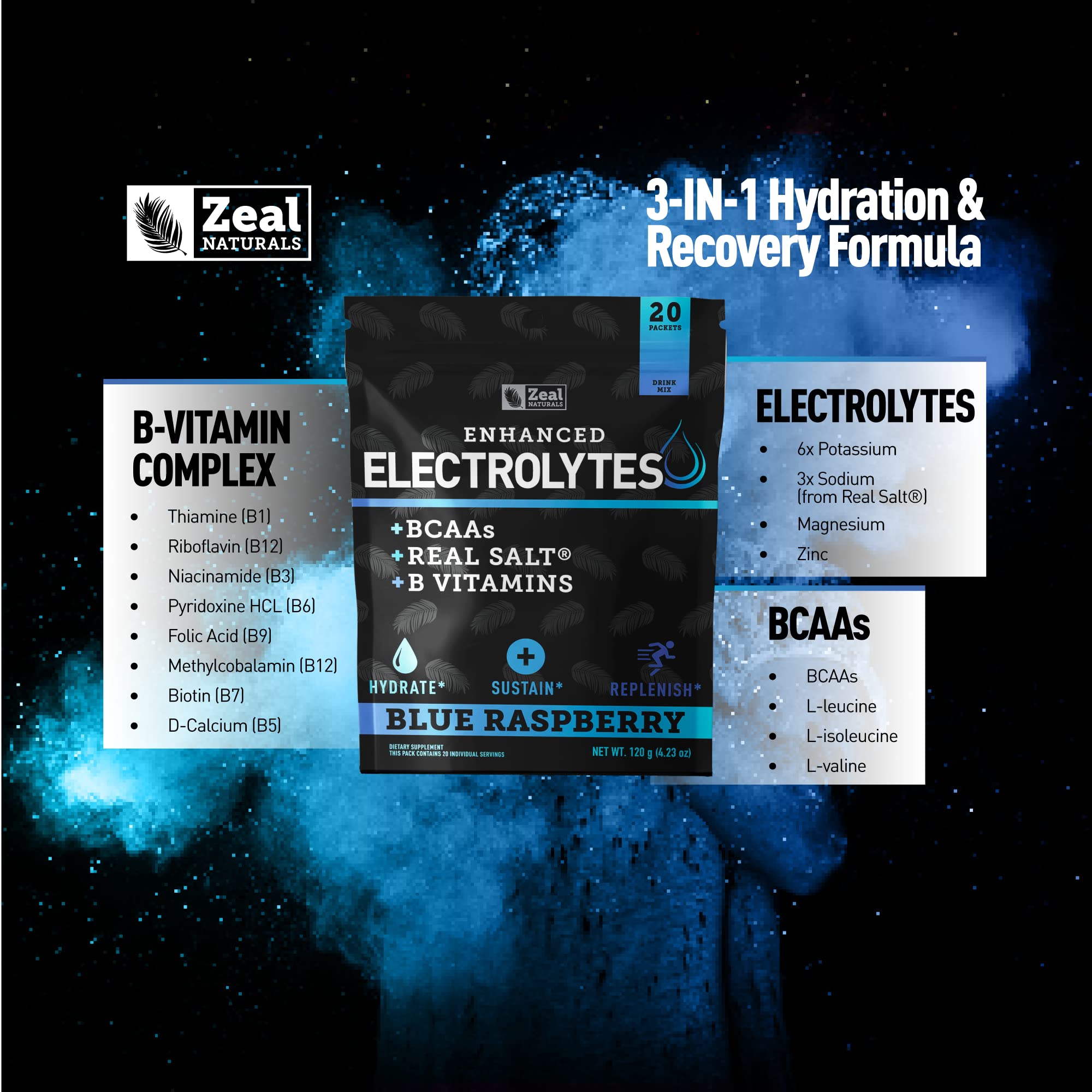 Enhanced Powder Stick Packs (Blue Raspberry - 20 Packets) Sugar Free + BCAA B-Vitamin Zeal Naturals