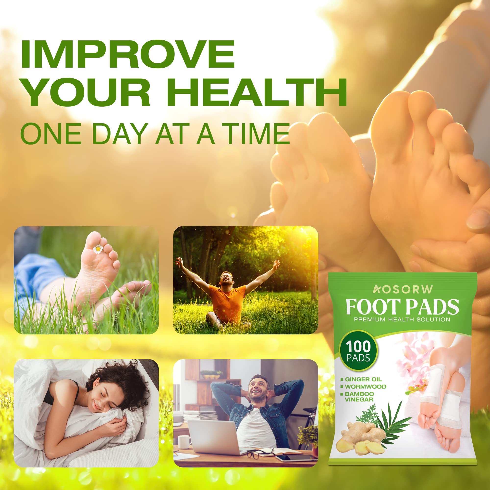 AOSORW 100 Pack Foot Pads, Ginger Oil Bamboo Charcoal Foot Pads, Foot Care Patch AOSORW