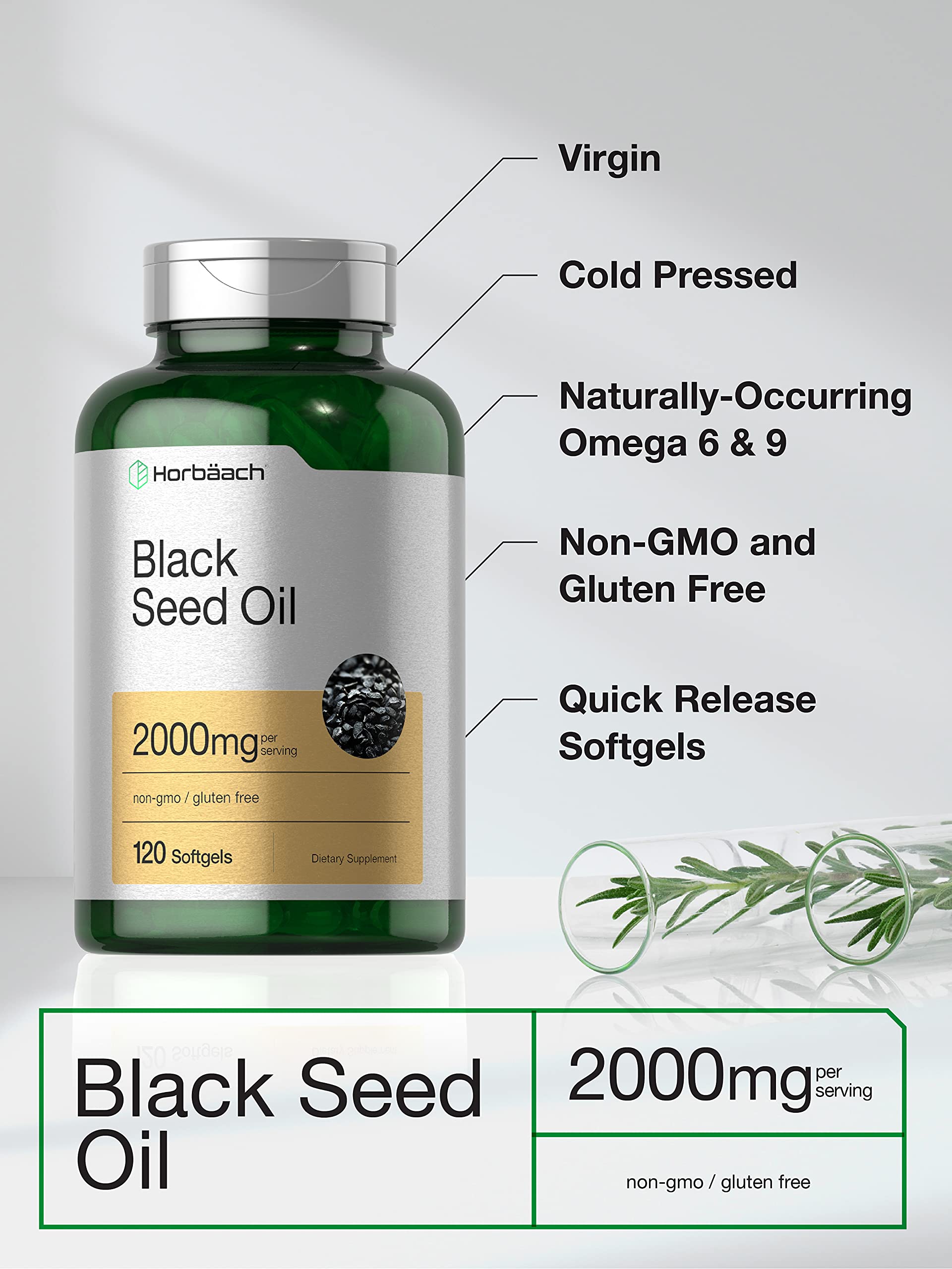 Black Seed Oil 2000mg | 120 Softgel Capsules | Cold Pressed Nigella Sativa Pills Horbäach