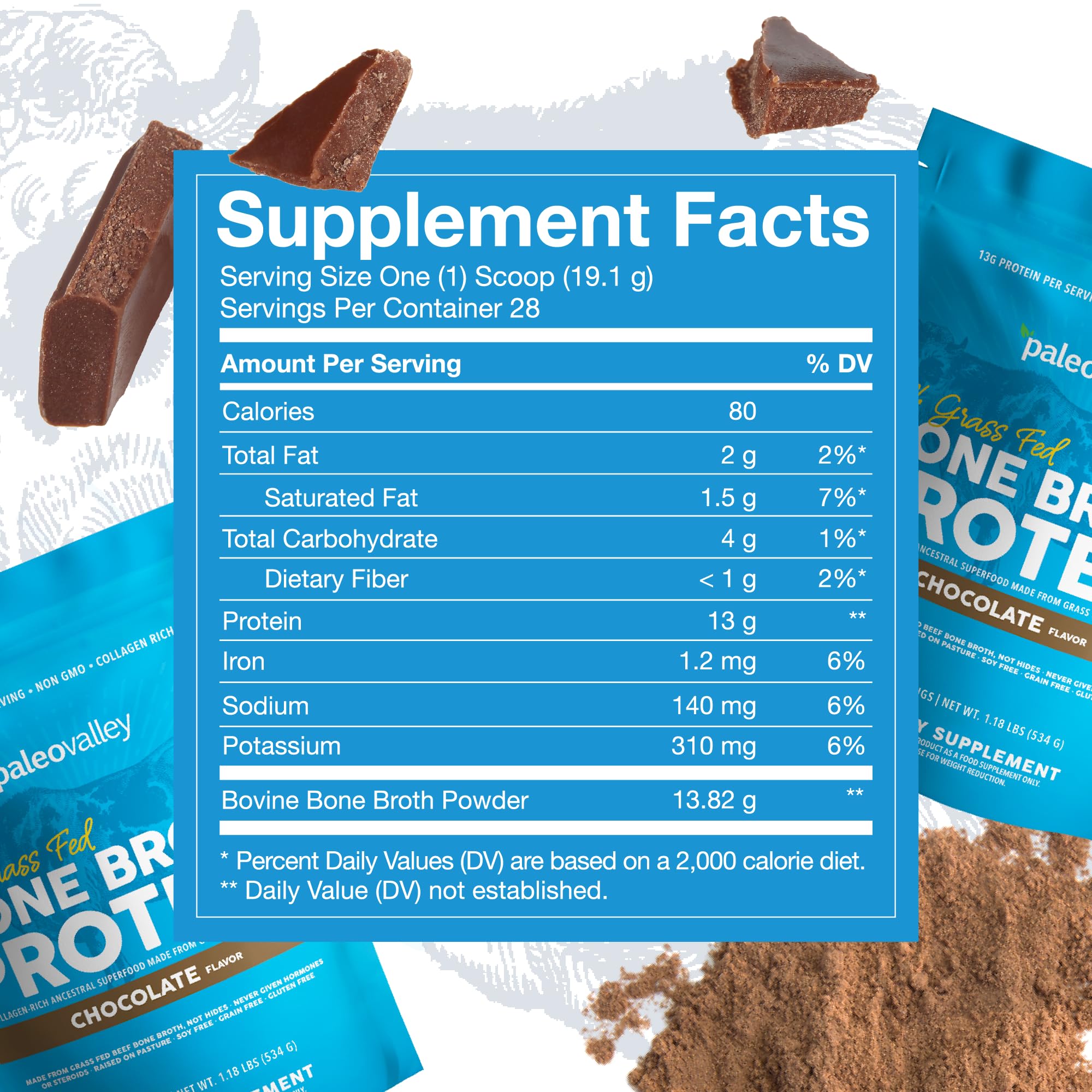 Paleovalley 100% Grass Fed Bone Broth Protein Powder - Chocolate - Rich in Collagen Paleovalley