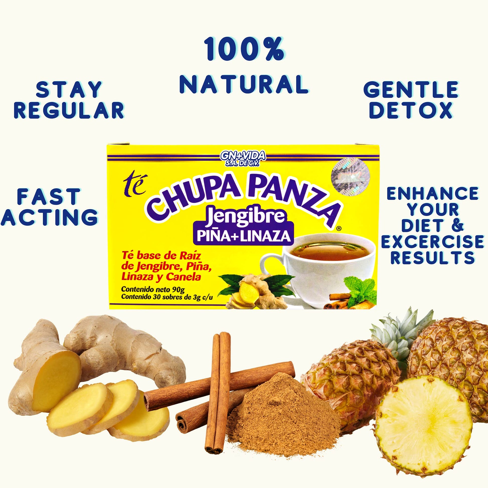 Tea CHUPA Panza, Tea Based ONGINGER Root, PINNEAPPLE, Flaxseed & Cinnamon GN+Vida