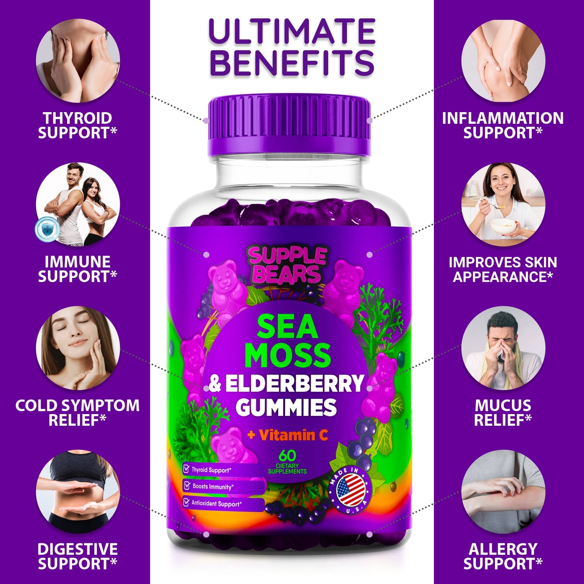 Supplebears Sea Moss Gummies & Elderberry - Vitamin C + Zinc – Extra Strength Immune Supplebears