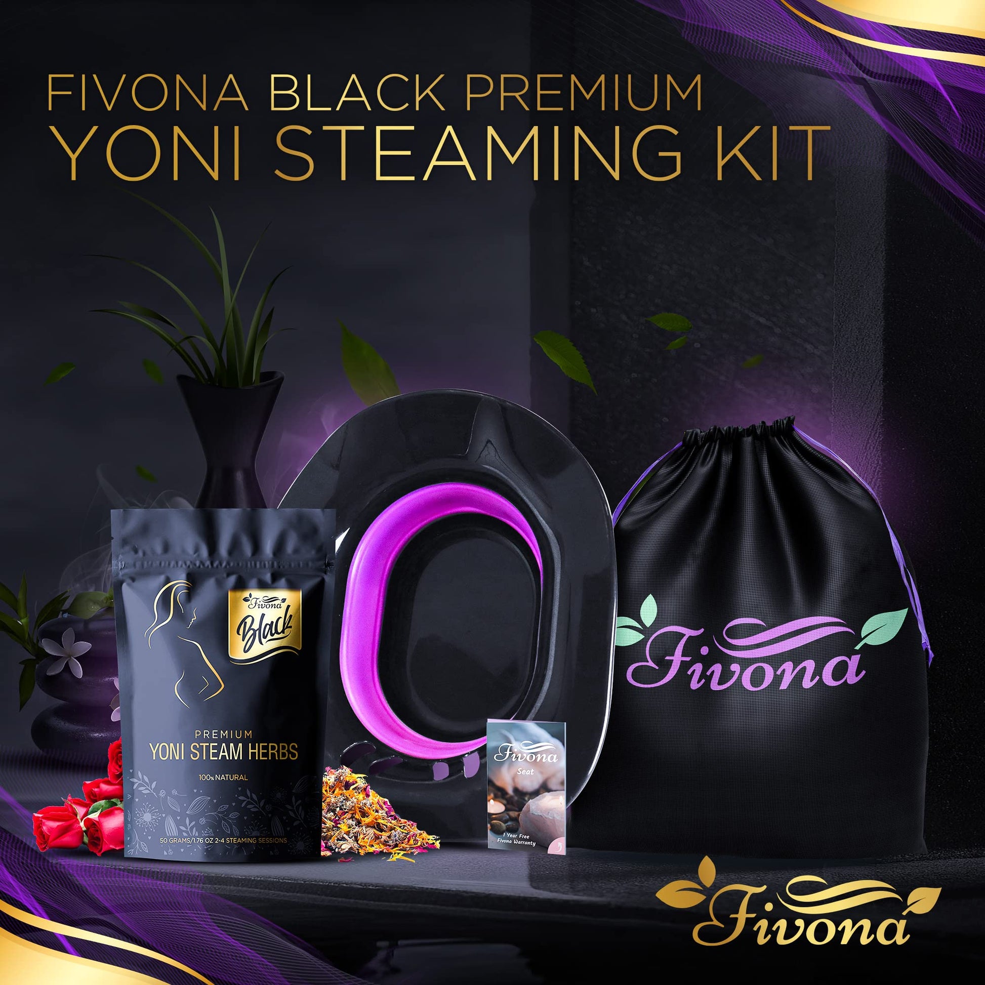 Fivona 3-in-1 Yoni Steam Kit Black - Foldable Over The Toilet Steamer Seat with Herbal Blend and Storage FIVONA