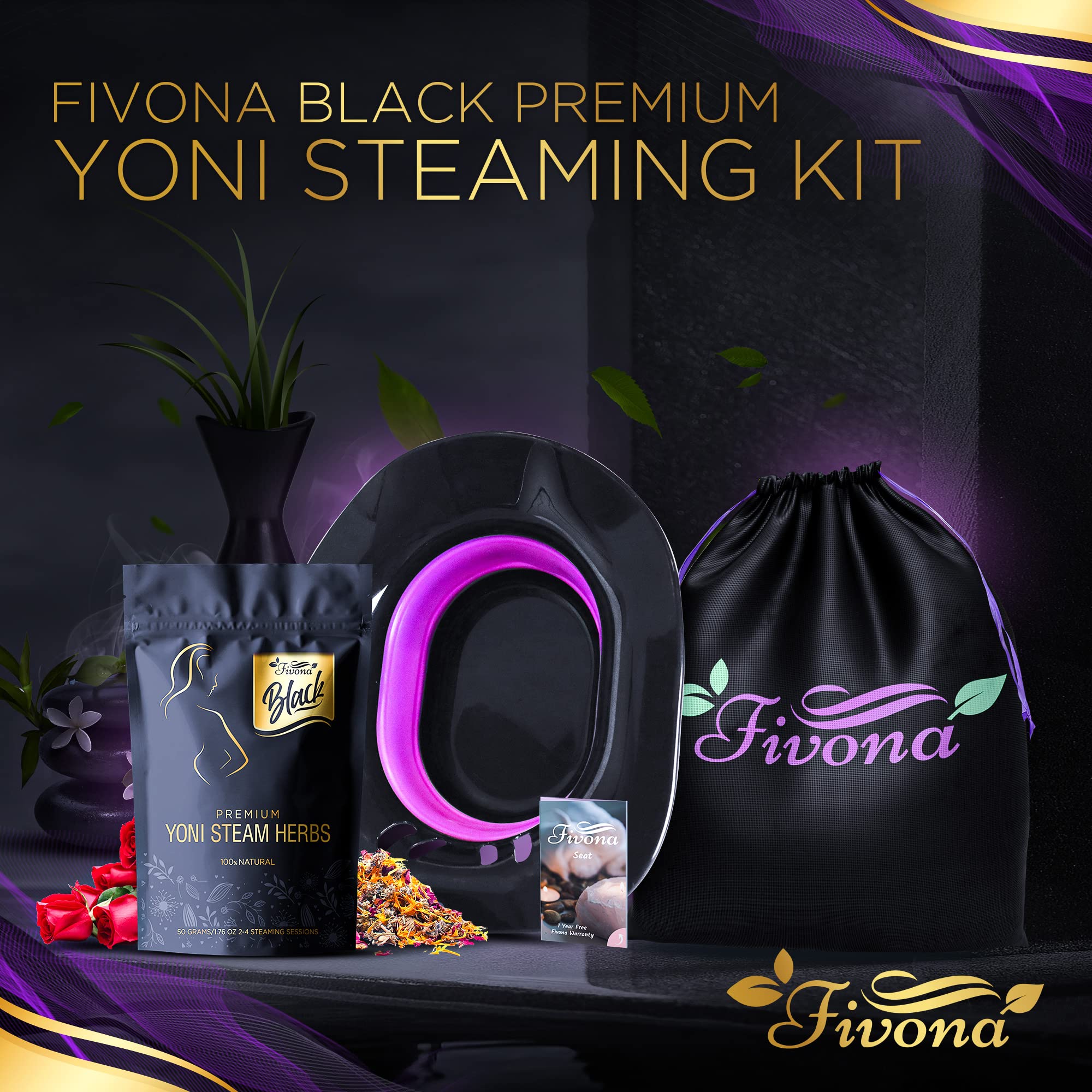 Fivona 3-in-1 Yoni Steam Kit Black - Foldable Over The Toilet Steamer Seat with Herbal Blend and Storage FIVONA