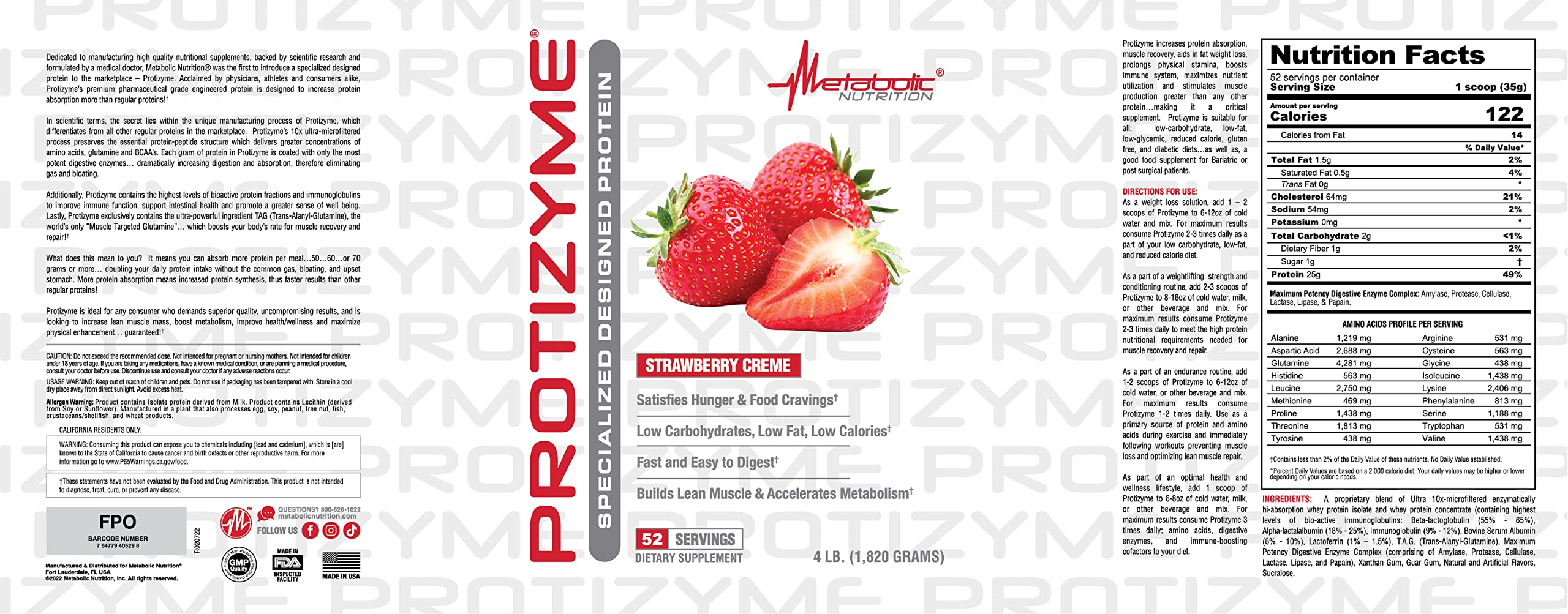 Metabolic Nutrition, Protizyme, 100% Whey Protein Powder, High Protein, Low Carb Metabolic Nutrition