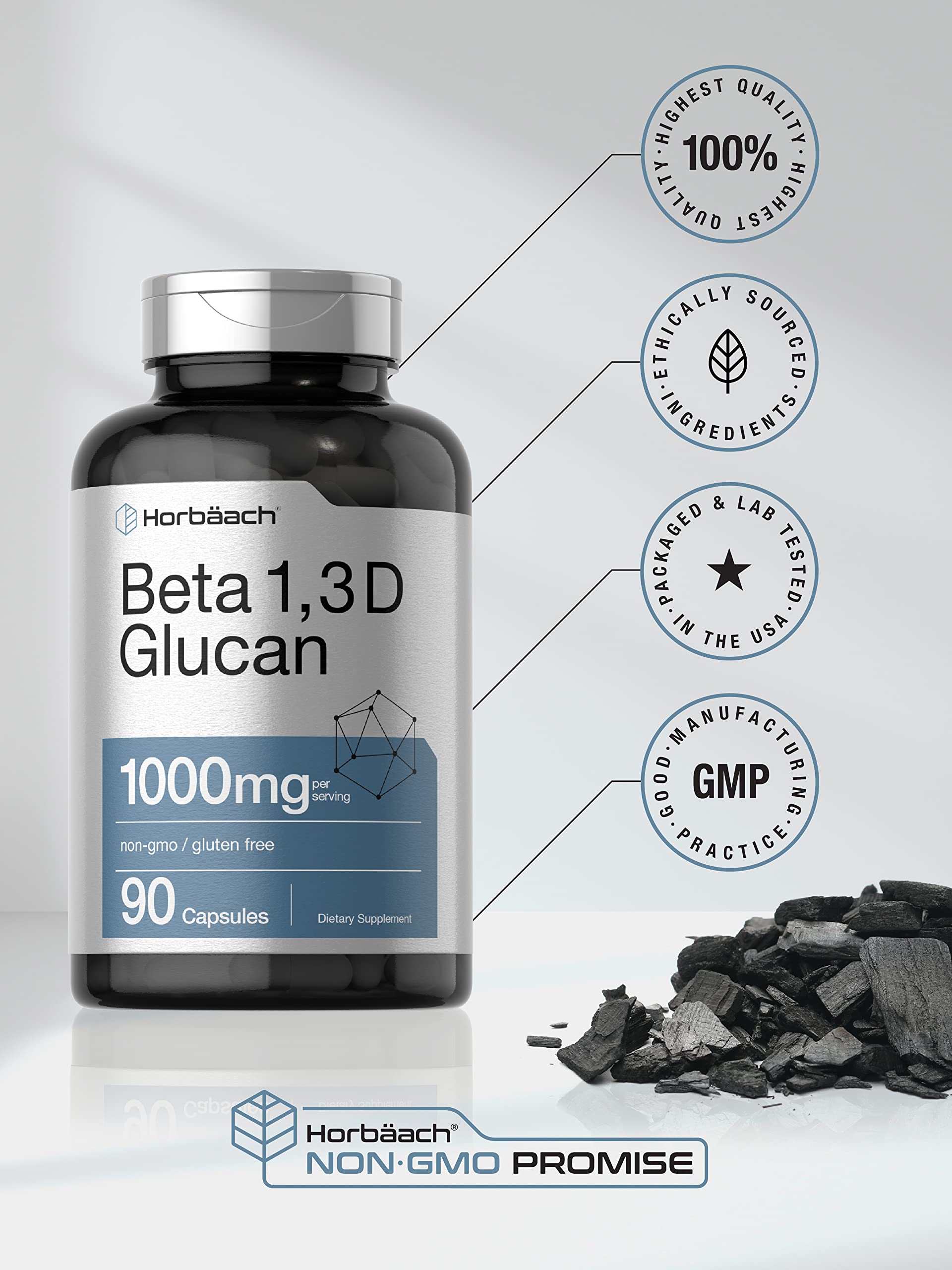 Beta Glucan 1 3D 1000 mg | 90 Capsules | Beta 1,3, 1,6 D Glucan | Non-GMO, Gluten Free Horbäach