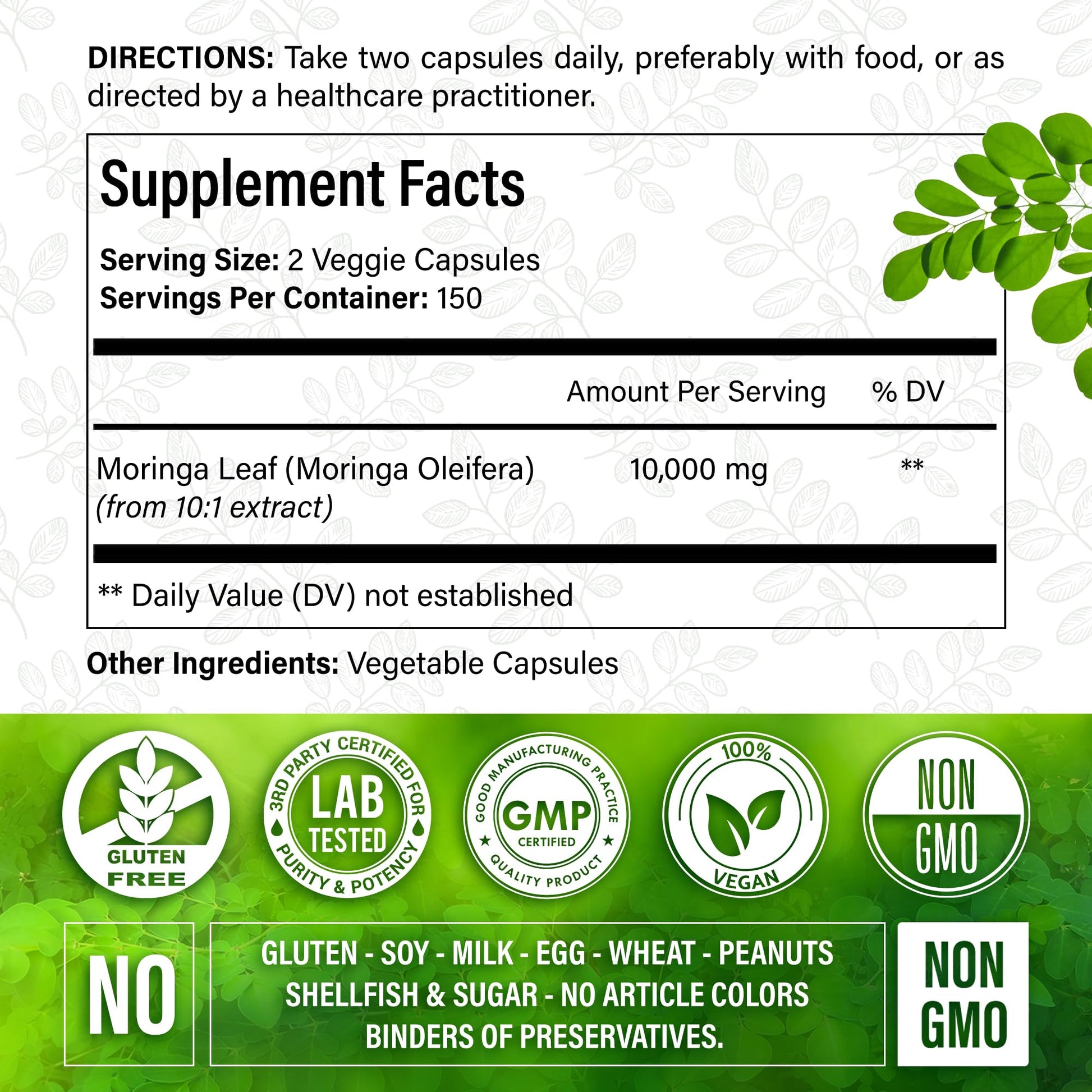 Moringa Capsules| Moringa Oleifera |10,000mg| 300 Capsules| 100% Pure| Non-GMO FitVitality