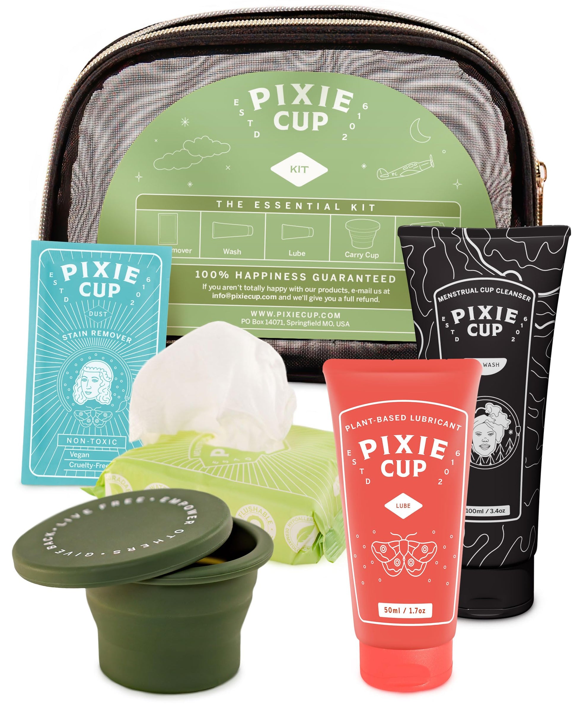 Pixie Cup Menstrual Cup Cleaner Kit - Sterilizer Wash, Public Restroom Carry Cup, 20 Wipes