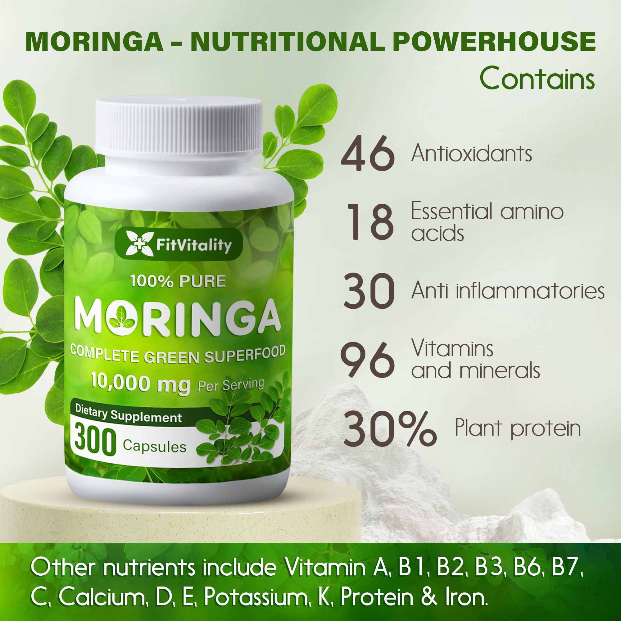 Moringa Capsules| Moringa Oleifera |10,000mg| 300 Capsules| 100% Pure| Non-GMO FitVitality