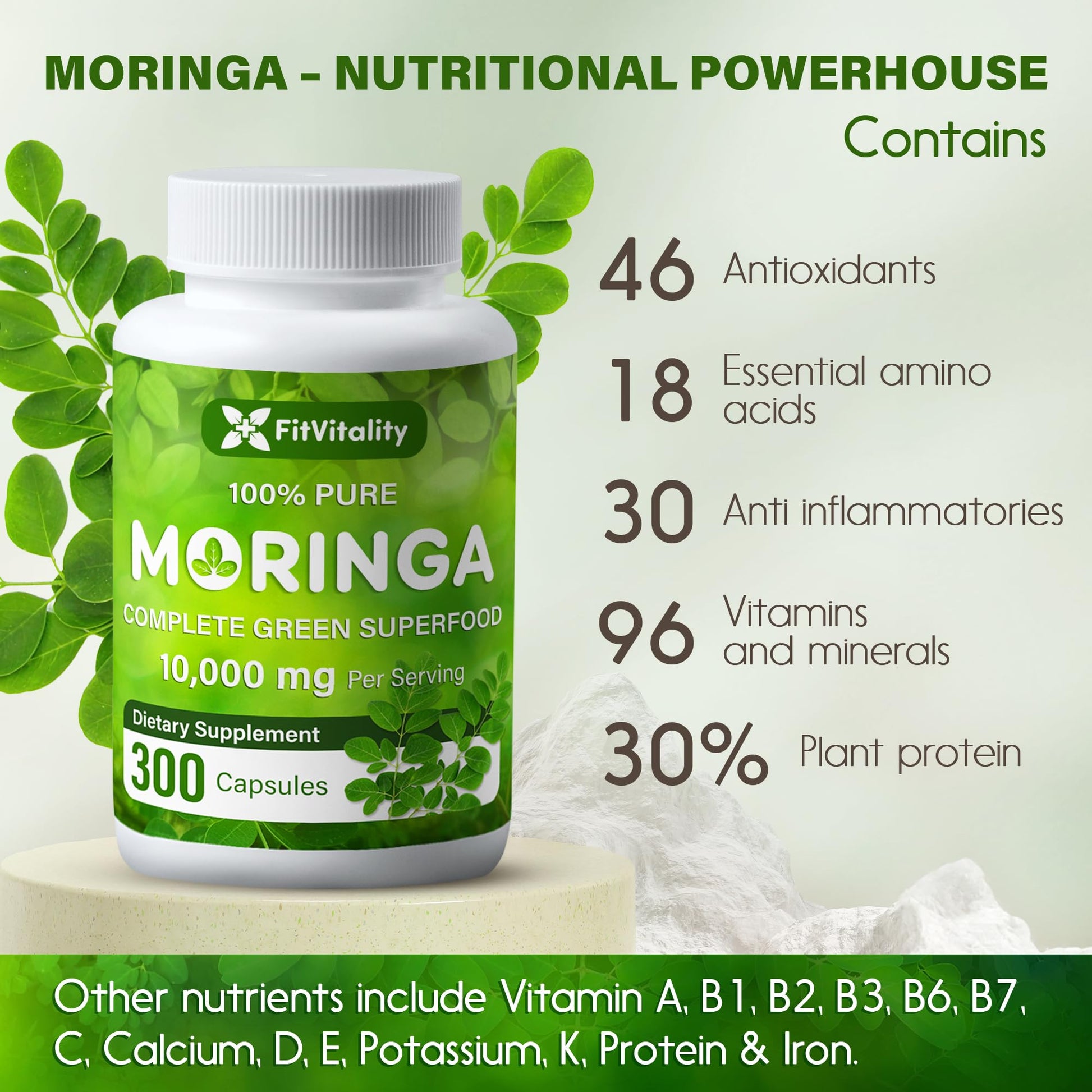 Moringa Capsules| Moringa Oleifera |10,000mg| 150 Capsules| 100% Pure| Non-GMO FitVitality