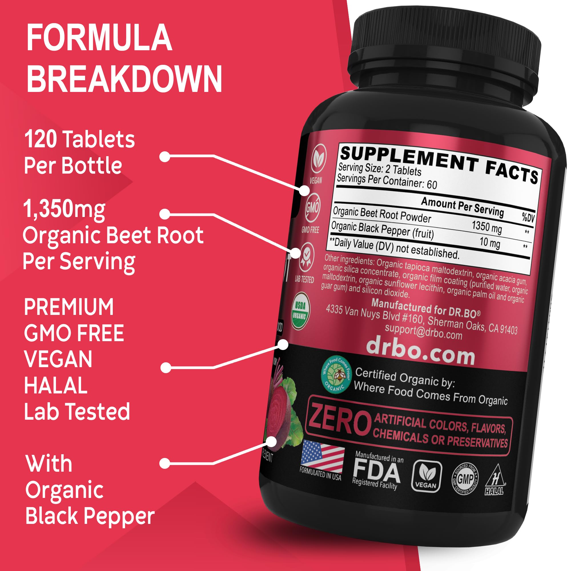 Organic Beet Root Capsules Supplements - 1350mg Beetroot Powder Extract Pills, Organic DR. BO