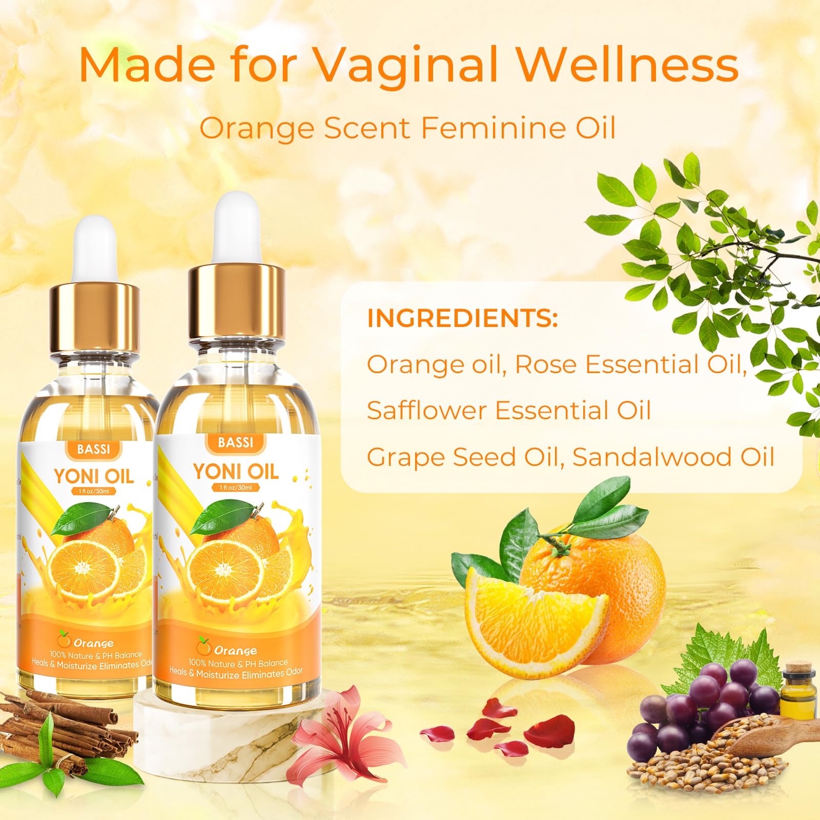 BASSI 2PCS Yoni Oil Organic Feminine Oil Vaginal Moisturizer - Ph Balance for Women - Feminine Deodorant BASSI