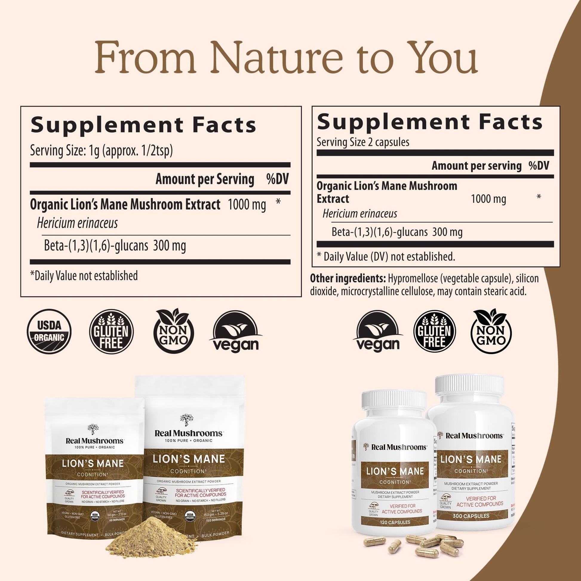 Real Mushrooms Lion’s Mane Powder - Organic Lions Mane Mushroom Extract Real Mushrooms