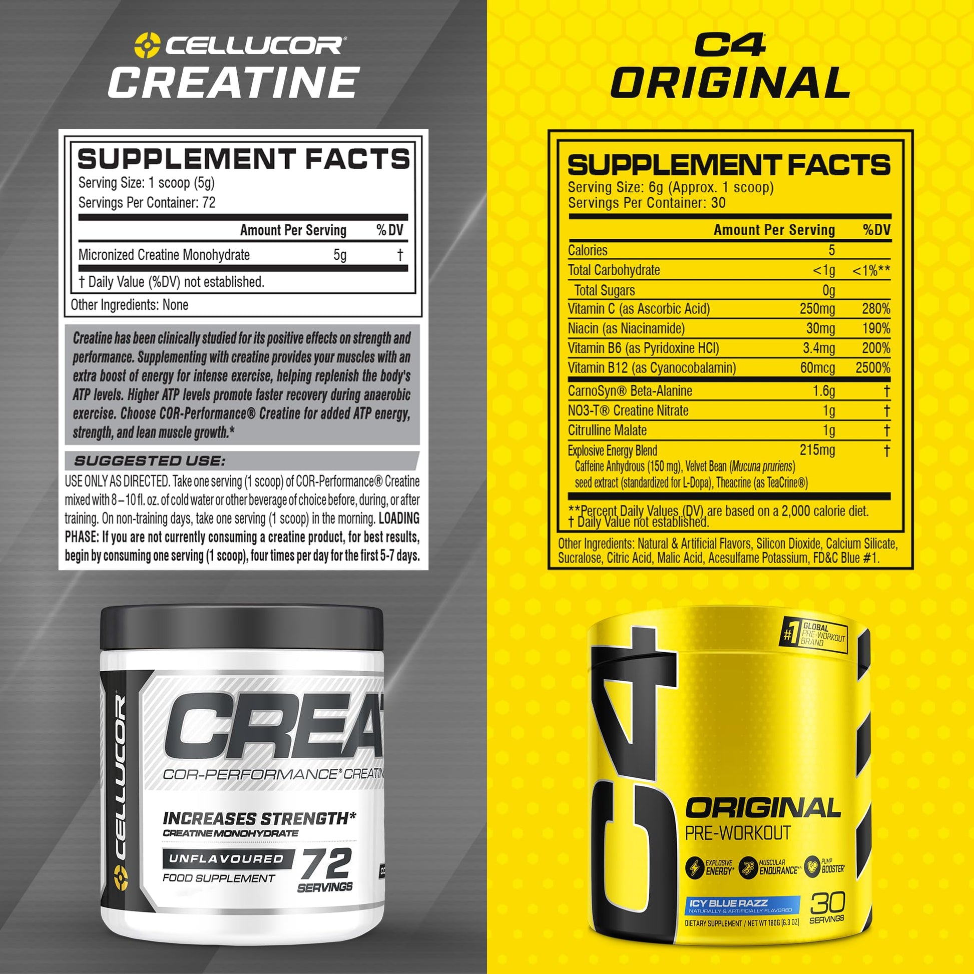Cellucor Pre Workout & Creatine Bundle, C4 Original Pre Workout Powder, Icy Blue Razz Cellucor