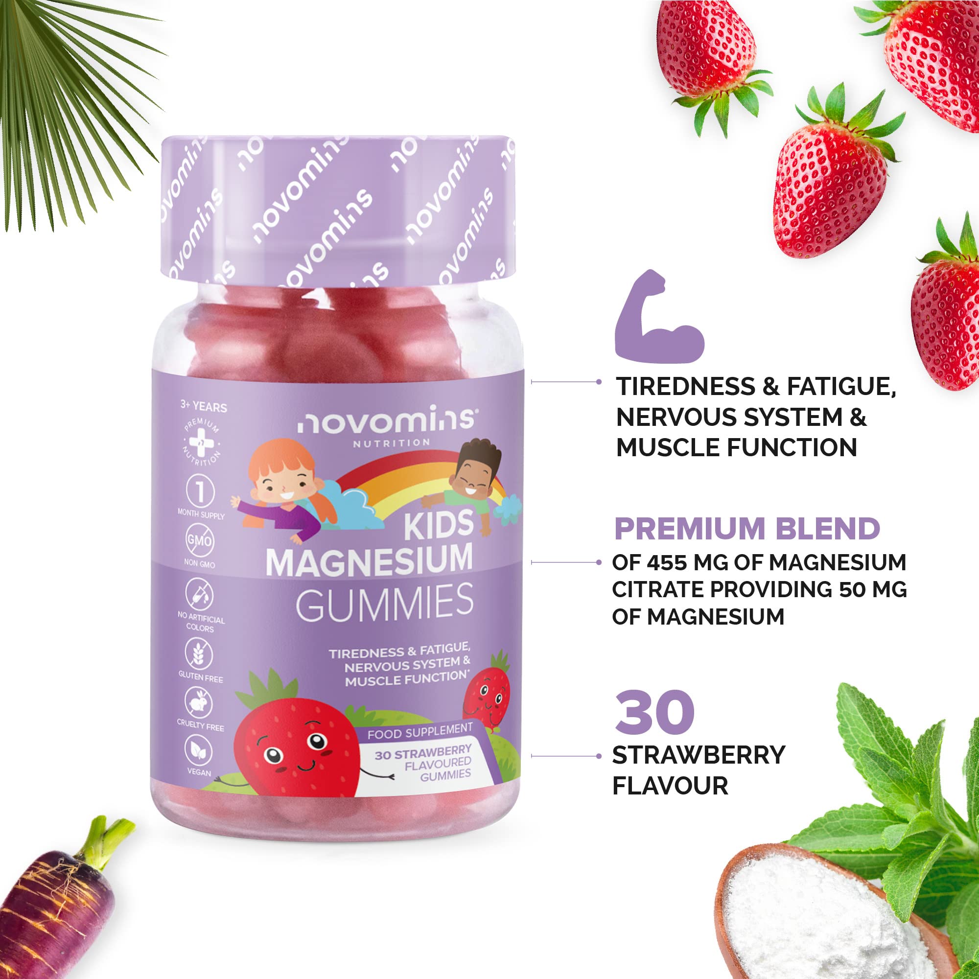 Kids Magnesium Gummies – Vegan - 1 Month Supply – Childrens Supplements – 30 Chewa novomins