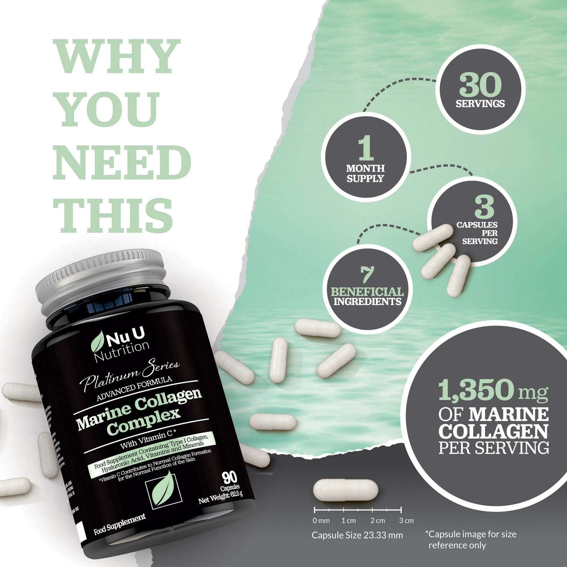 Marine Collagen with Hyaluronic Acid, Vitamin C - 90 Hydrolysed Capsules (not Tablets) - Premium High Strength Collagen Nu U Nutrition