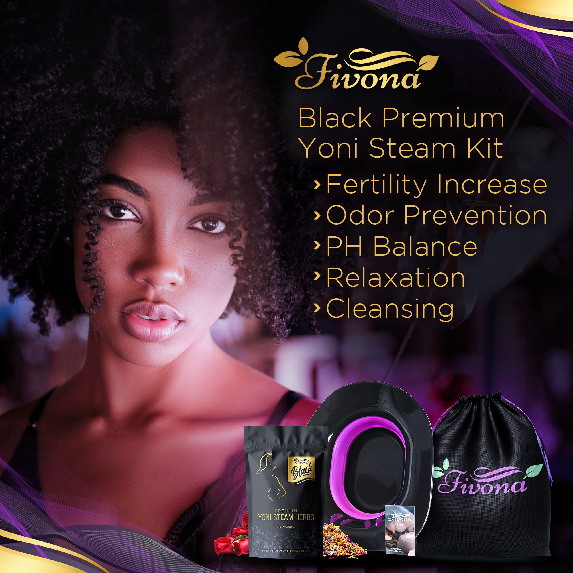 Fivona 3-in-1 Yoni Steam Kit Black - Foldable Over The Toilet Steamer Seat with Herbal Blend and Storage FIVONA