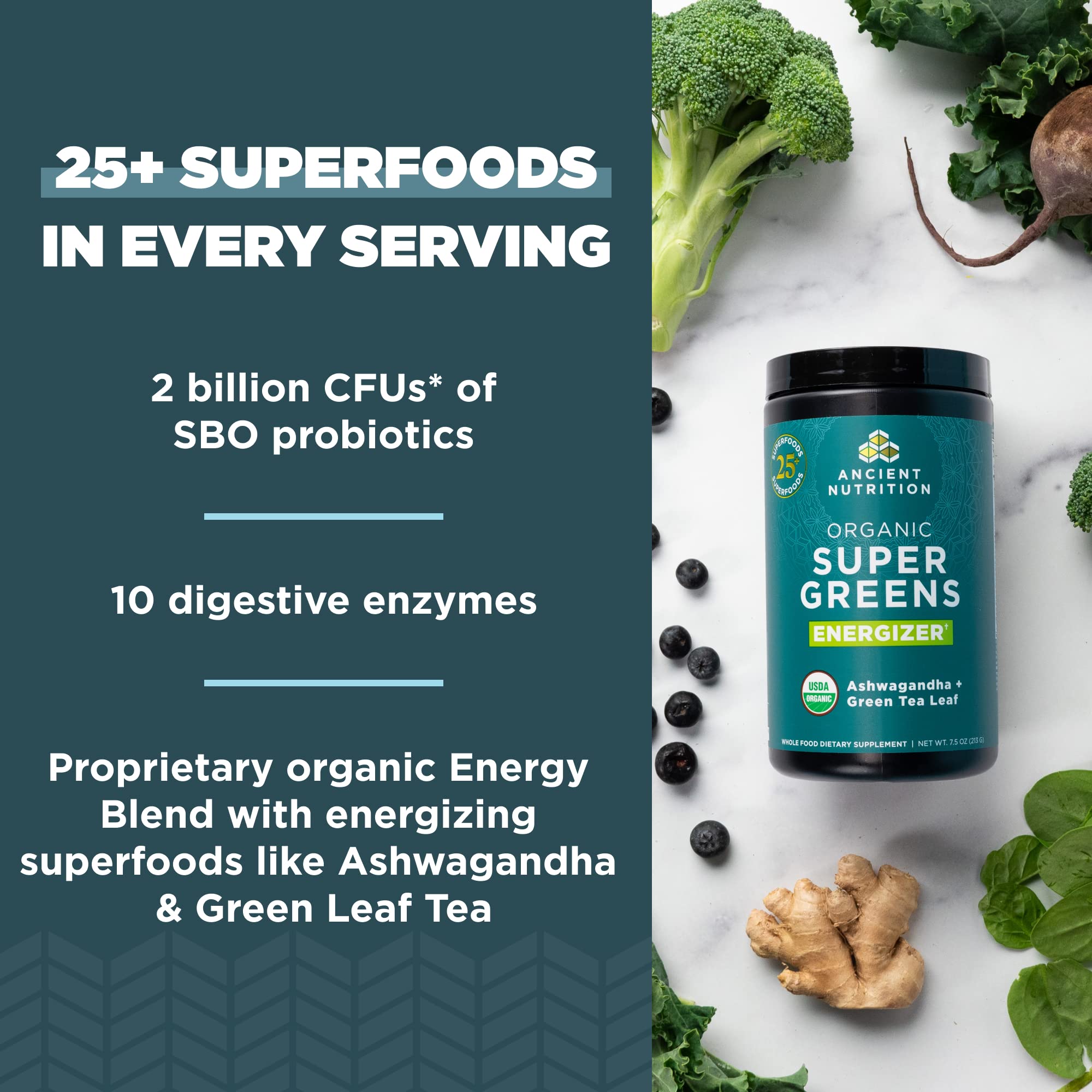 Ancient Nutrition Supergreens Energizer Powder, Organic Superfood Powder with Caffeine Ancient Nutrition