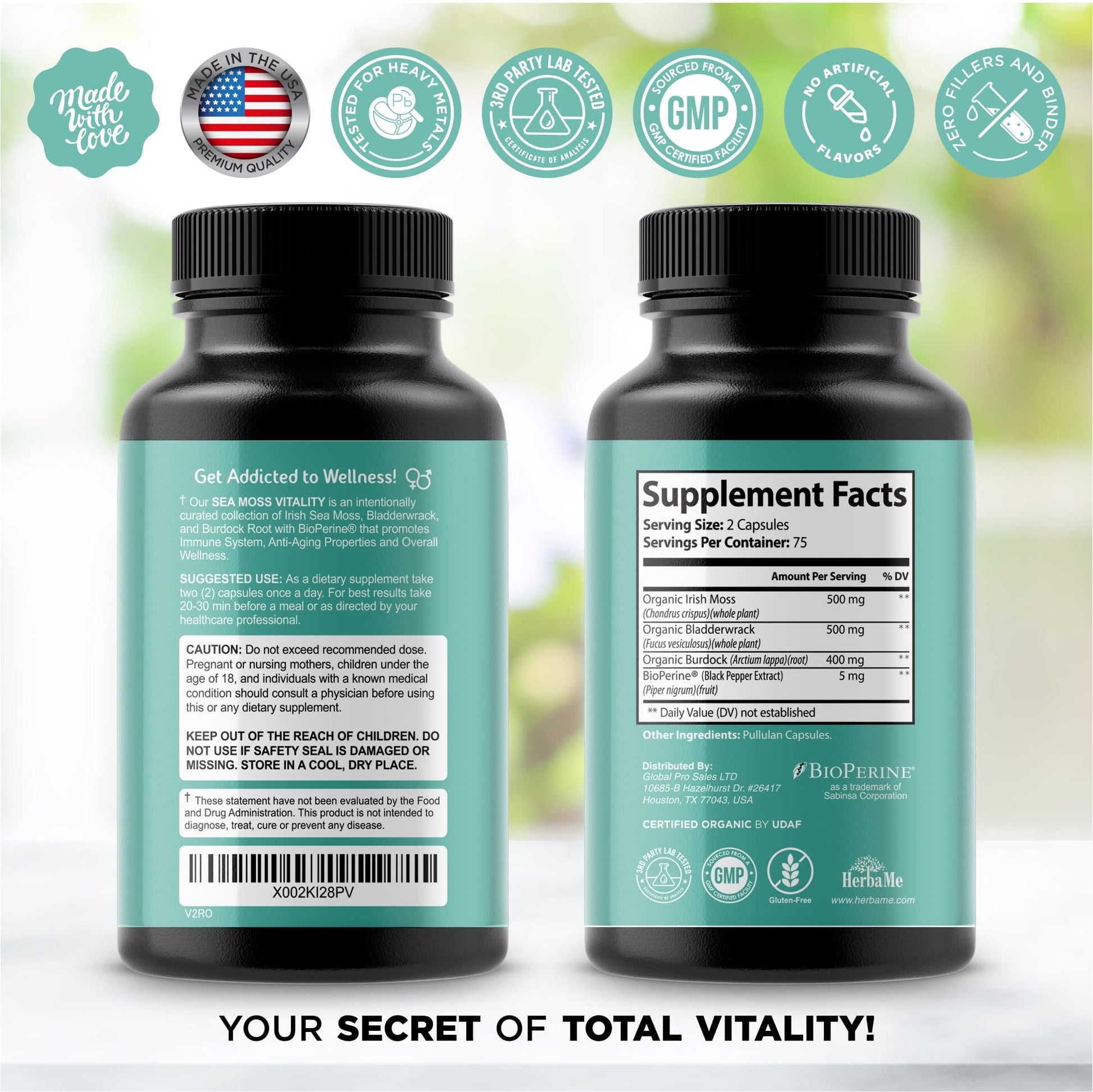 HerbaMe Organic Irish Sea Moss with Bladderwrack, Burdock Root & Black Pepper Extract HerbaMe