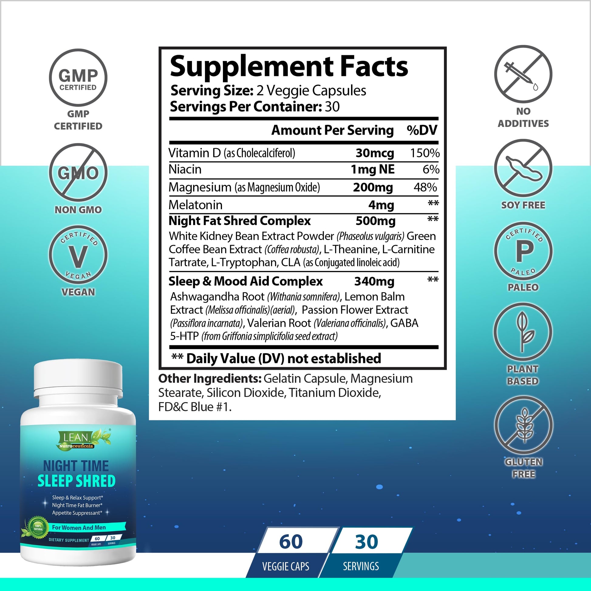 Night Time Sleep Shred Fast Fat Burner, Weight Loss Aid Pill, Appetite Suppressant Carb LEAN Nutraceuticals