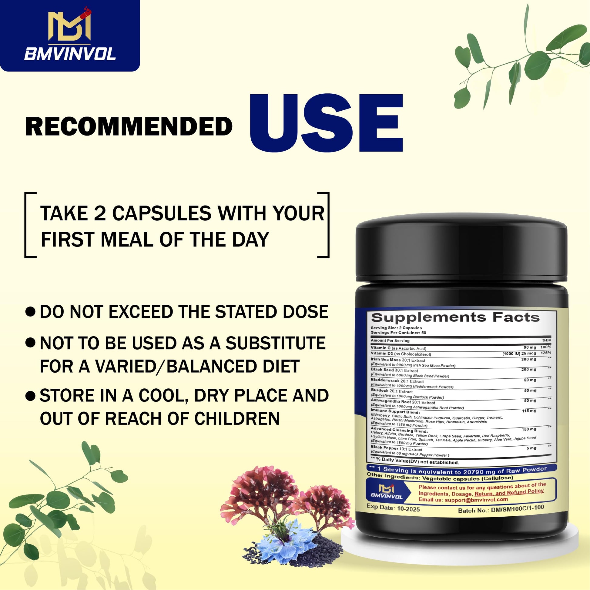 BMVINVOL 100 Capsules - Sea Moss Capsules 20790mg with Bladderwrack, Burdock BMVINVOL