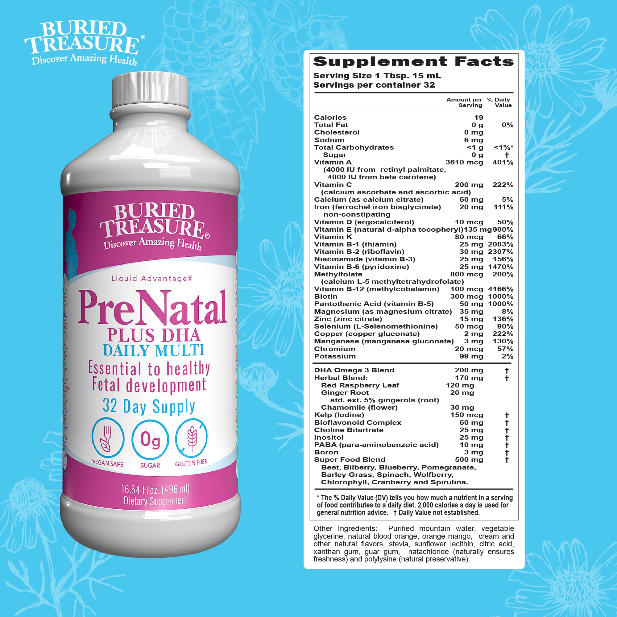 Buried Treasure Prenatal Plus DHA Complete, 16 oz, Natural DHA Omega3 Iron