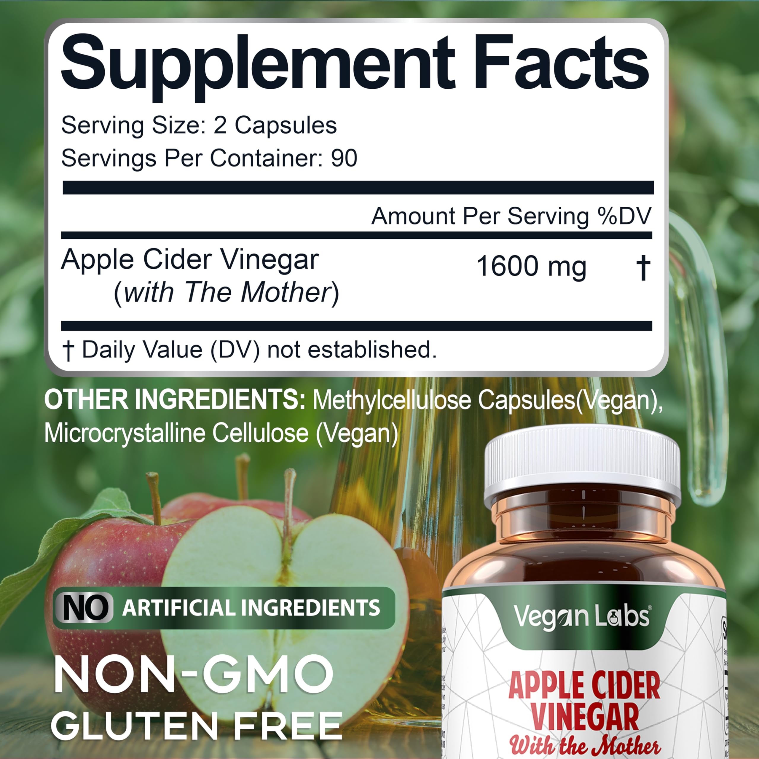 Vegan Labs Apple Cider Vinegar Capsules with The Mother- 180 Vegan Capsules Vegan Labs
