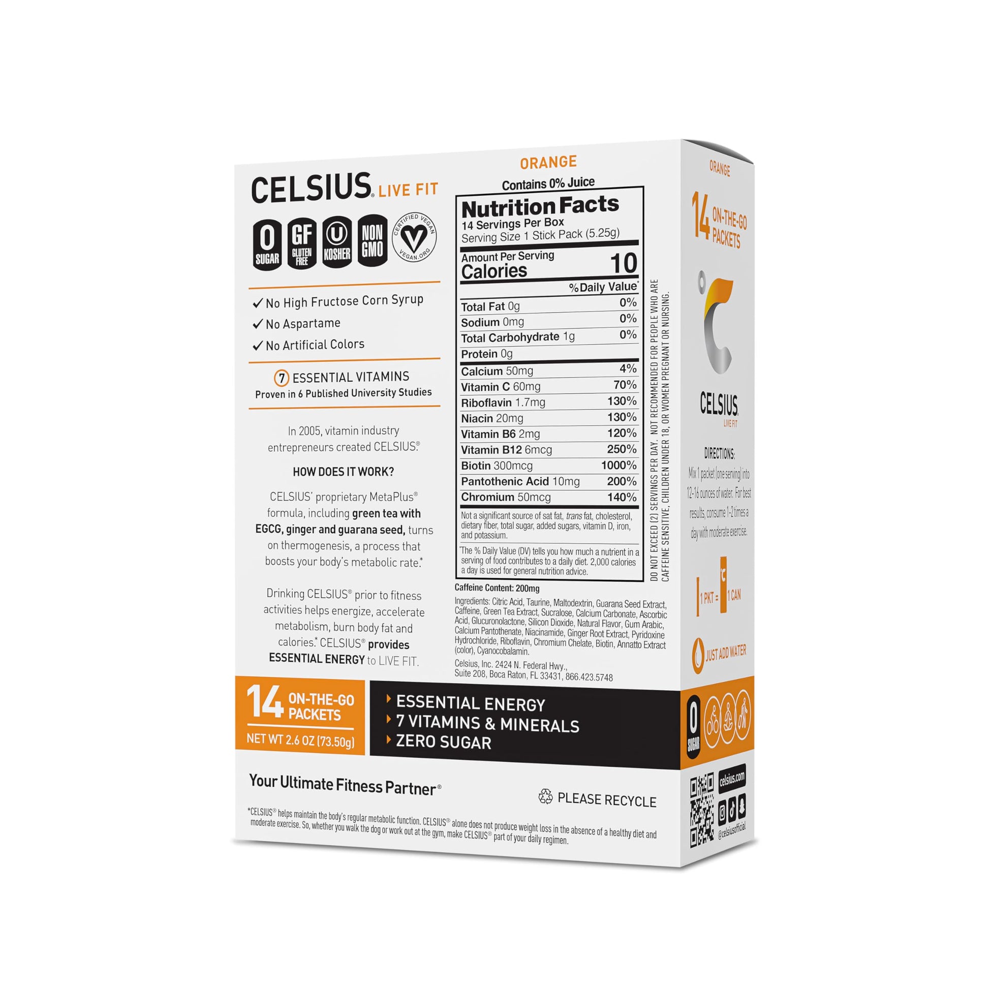 CELSIUS On-the-Go Powder Stick Zero Sugar, Orange, 2.6 Oz (14 Sticks per Pack) CELSIUS