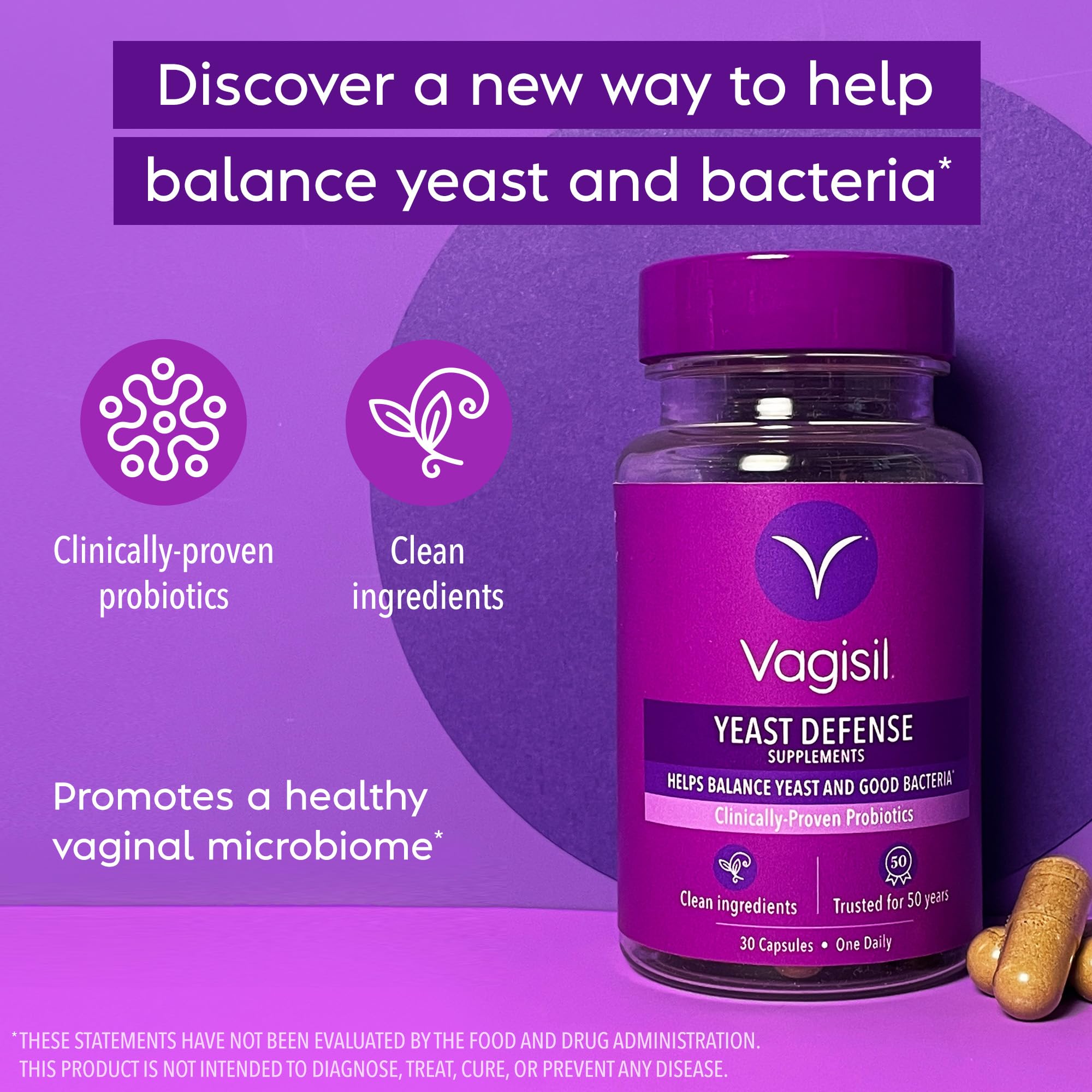 Vagisil Yeast Defense Supplements, Helps Balance Yeast and Good Bacteria, Clinically-Proven Probiotics Vagisil