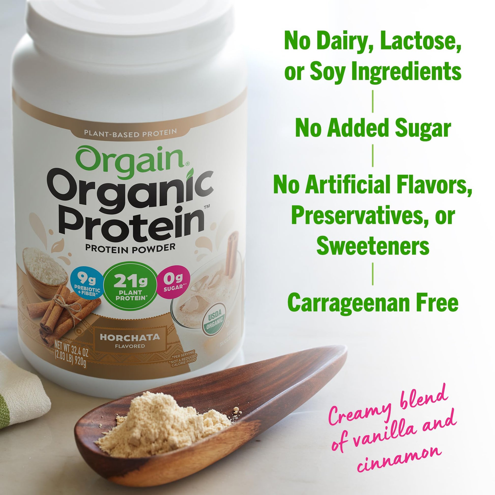 Orgain Organic Vegan Protein Powder, Horchata - 21g of Plant Based Protein, Low Net Orgain