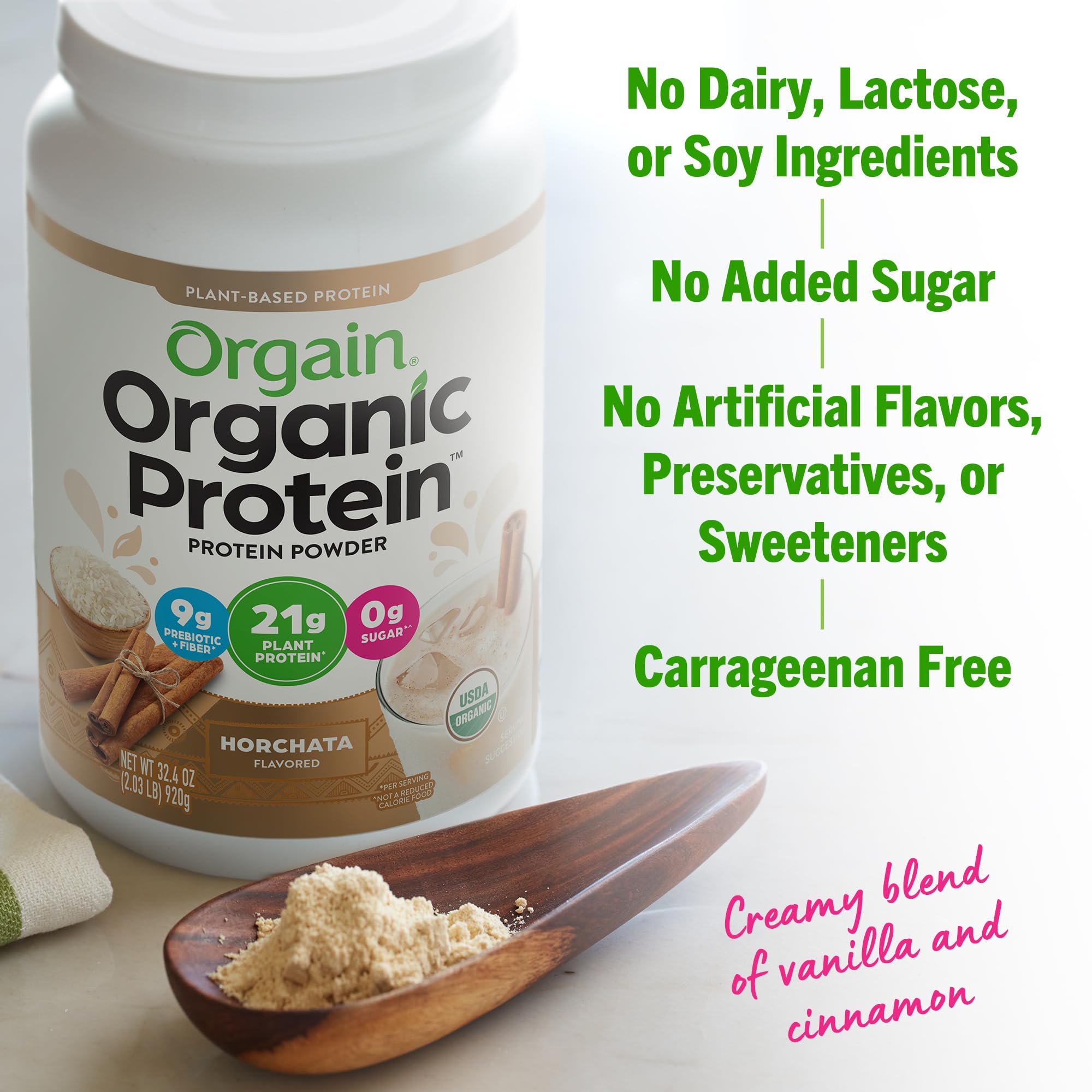Orgain Organic Vegan Protein Powder, Horchata - 21g of Plant Based Protein, Low Net Orgain