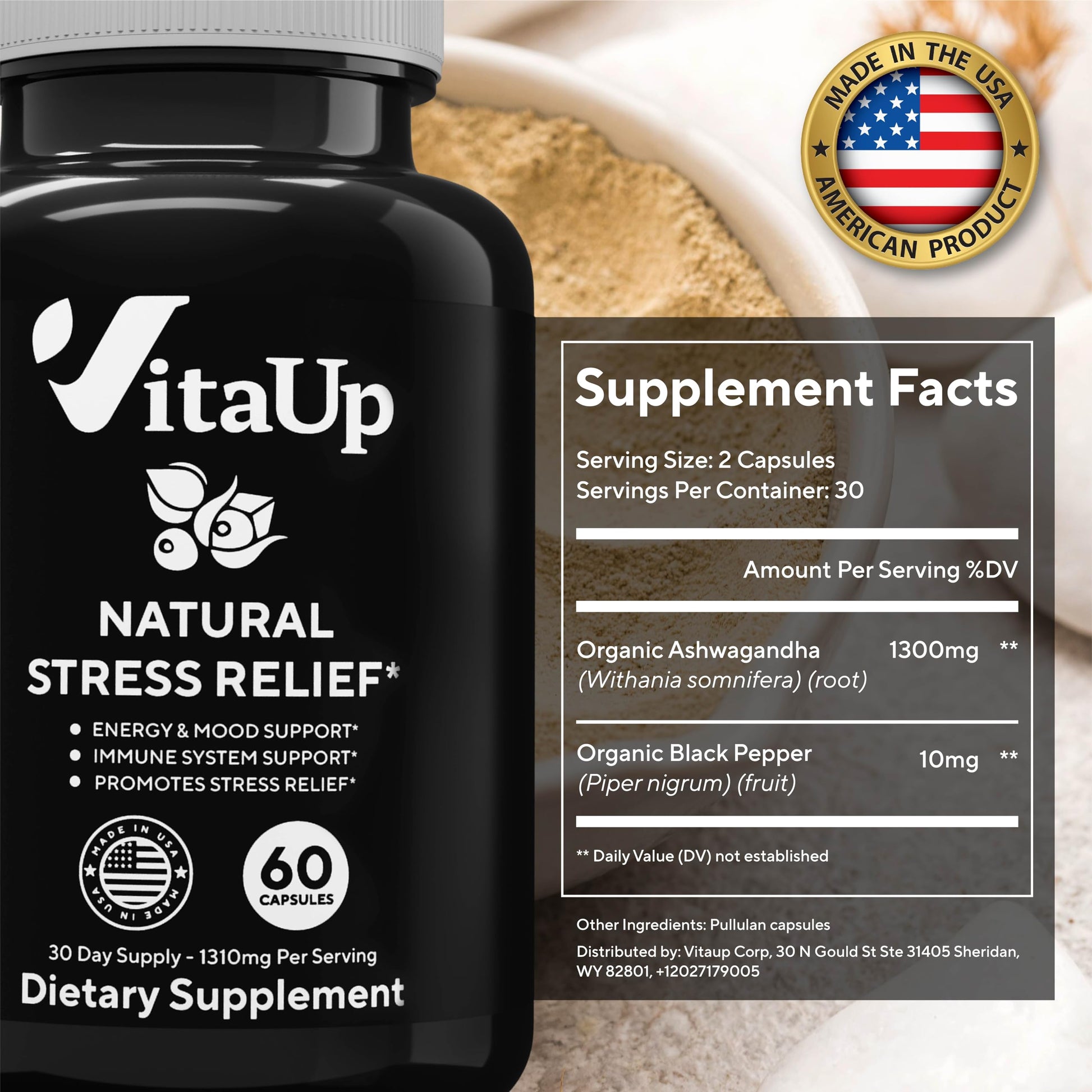 VitaUp Organic Ashwagandha Capsules 1310 mg - USA Made Ashwagandha Supplements VitaUp