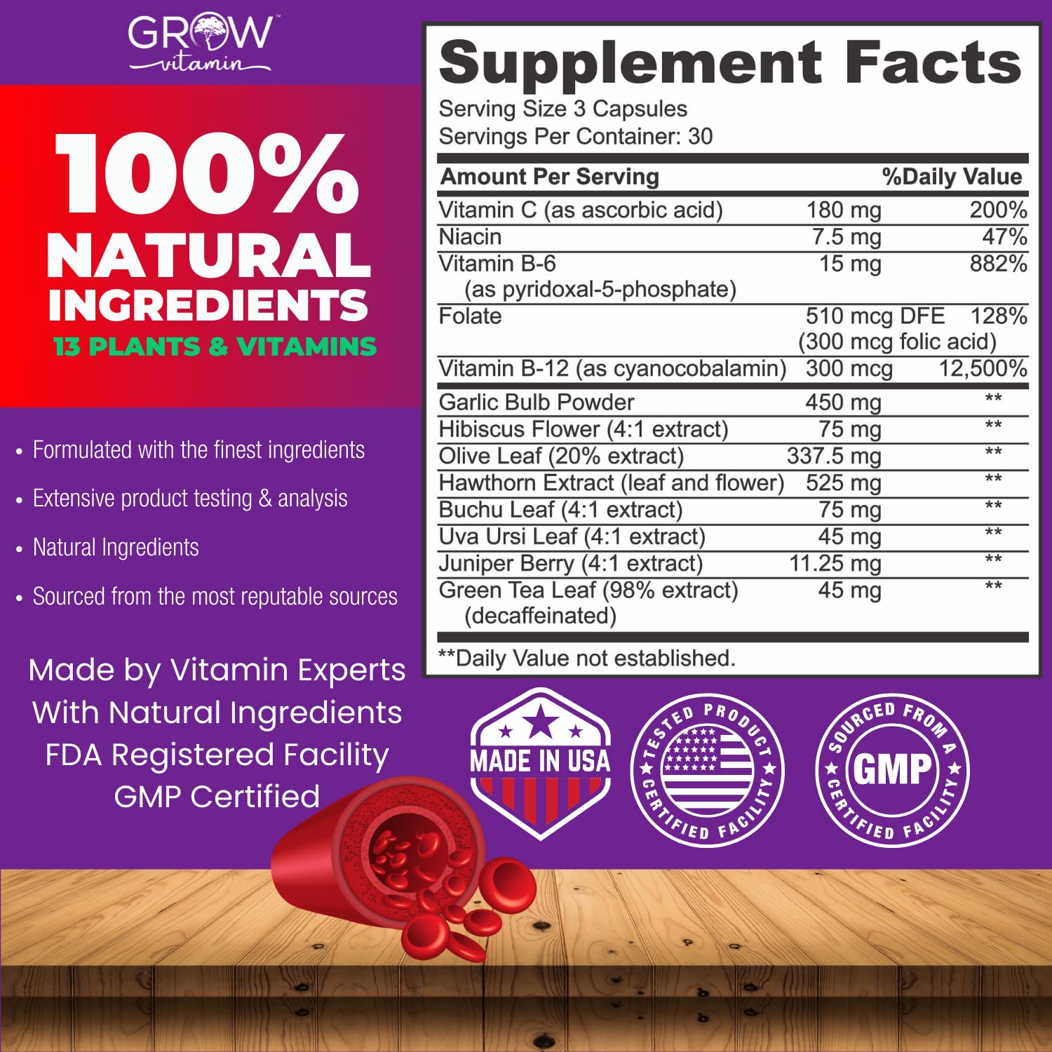 grow vitamin Blood Pressure Formula - Herbal Blend, Non-GMO, Gluten-Free - 90 Capsules grow vitamin