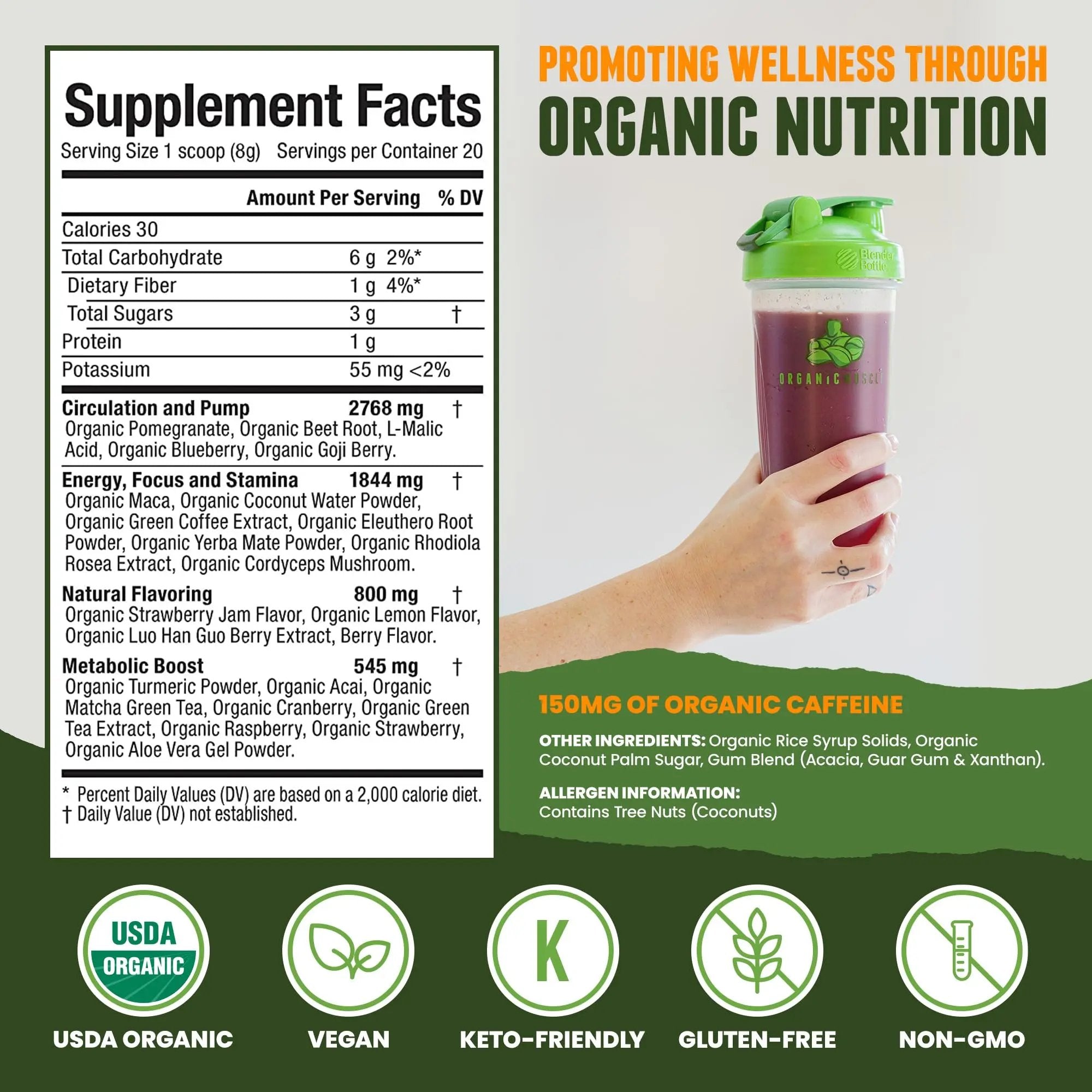 Organic Muscle Superfood Pre Workout Powder for Men & Women, Lemon Berry Organic Muscle