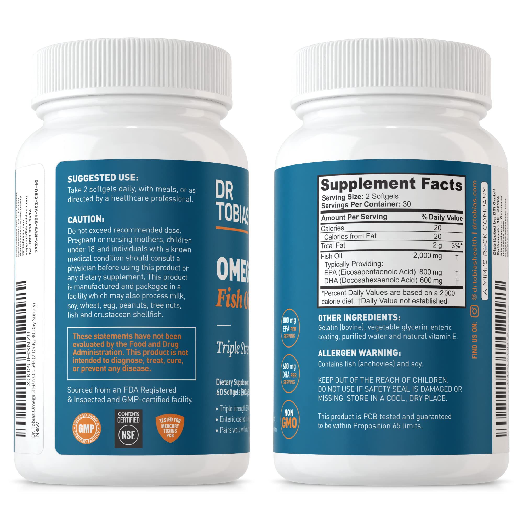 Dr. Tobias Omega 3 Fish Oil, 800 mg EPA 600 DHA Supplement for Heart, Brain & Immune Dr. Tobias