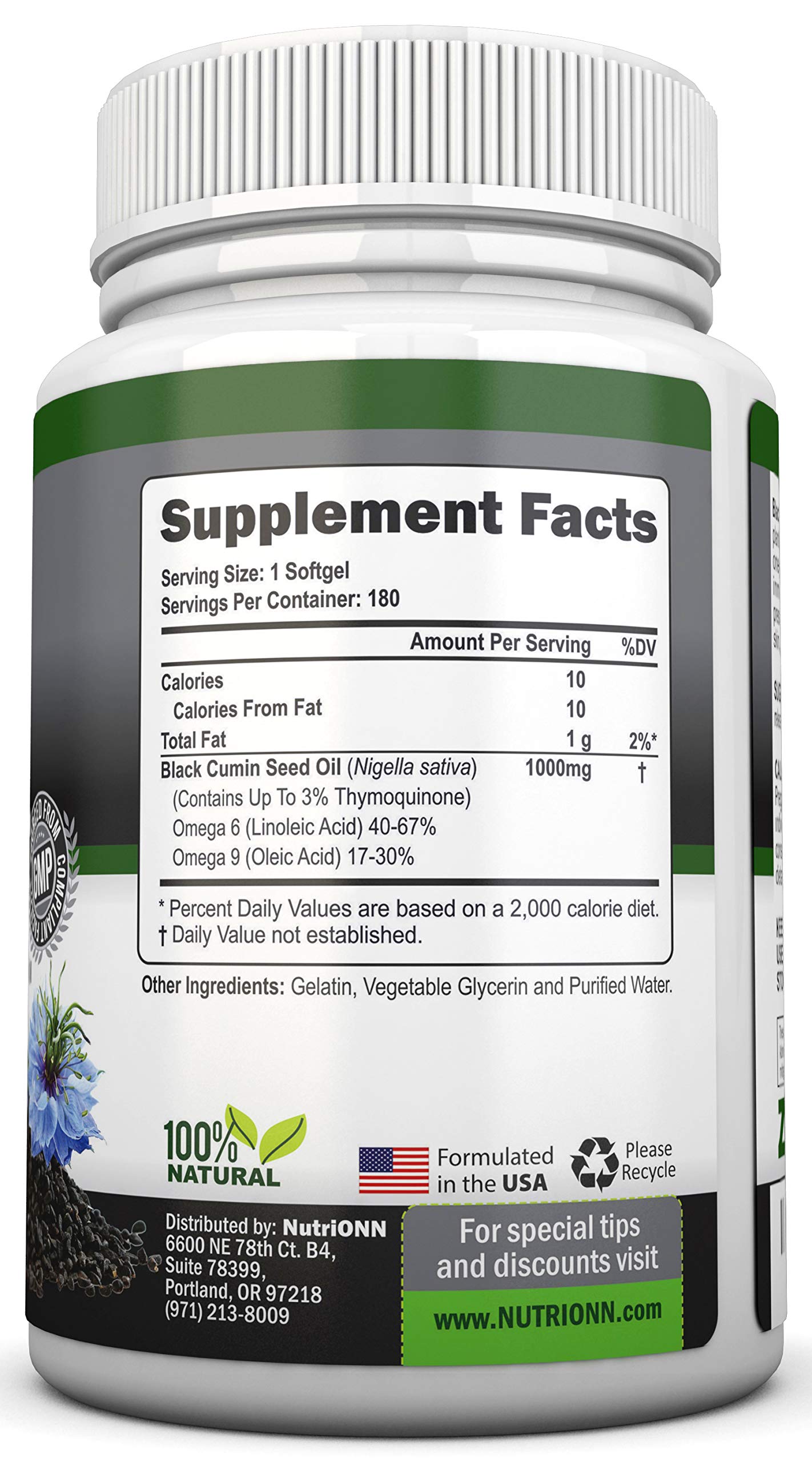 Black Seed Oil - 1000 Mg - 180 Softgels - Cold-Pressed Non-GMO Black Cumin Seed NutriONN