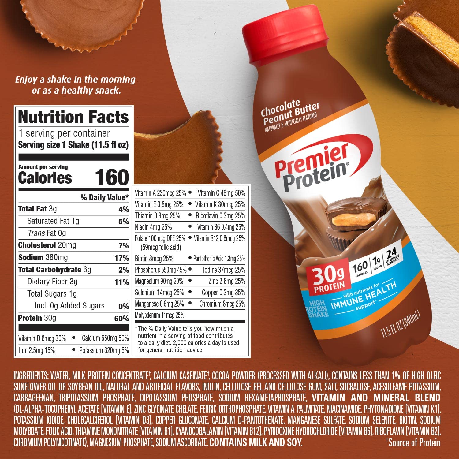 Premier Protein Shake, Chocolate Peanut Butter Liquid, 30g Protein, 1g Sugar, 24 Vitamins Premier Protein