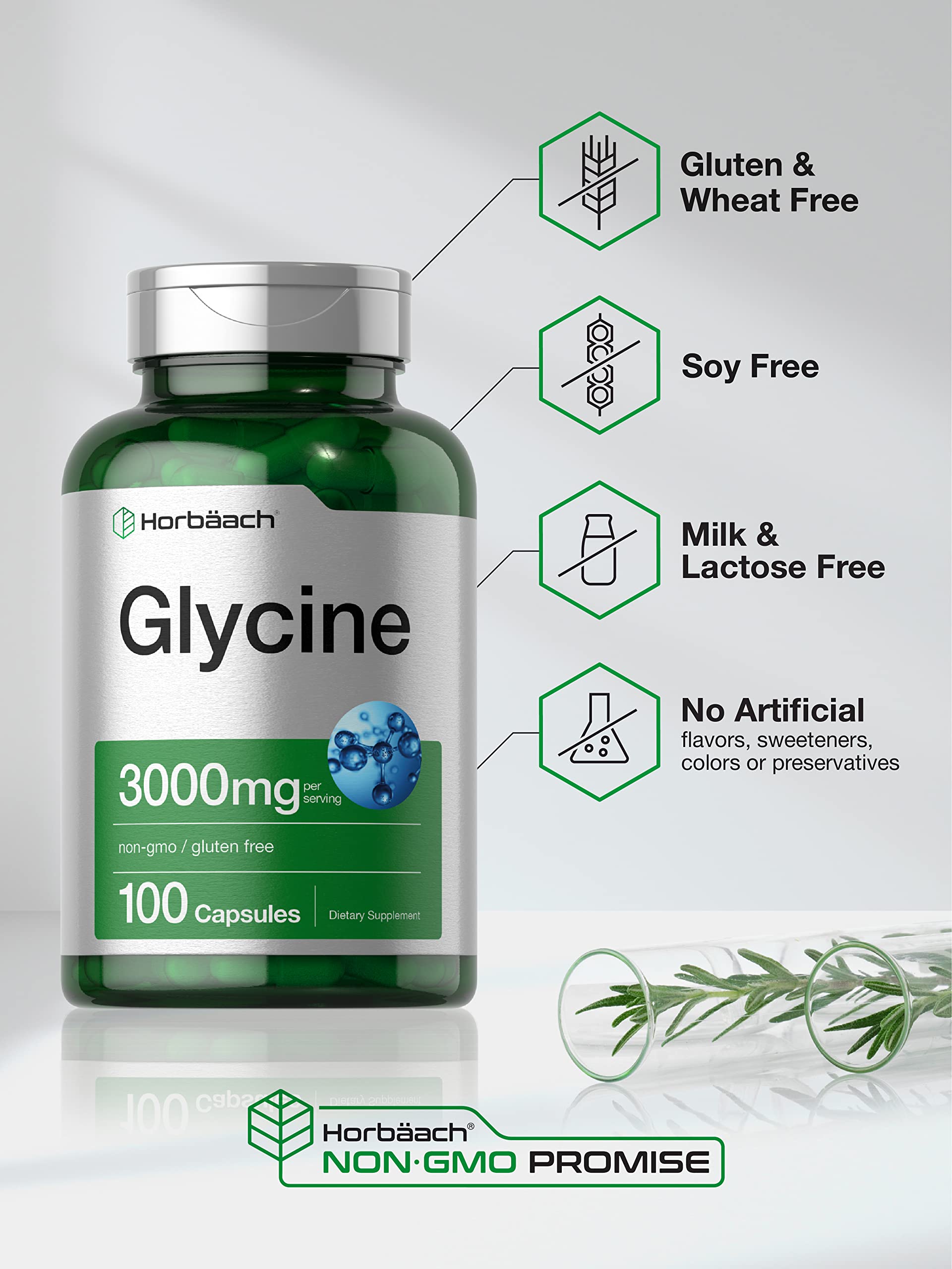 Glycine 3000 mg 100 Capsules | Non-GMO, Gluten Free Glycine Supplement | by Horbaach Horbäach