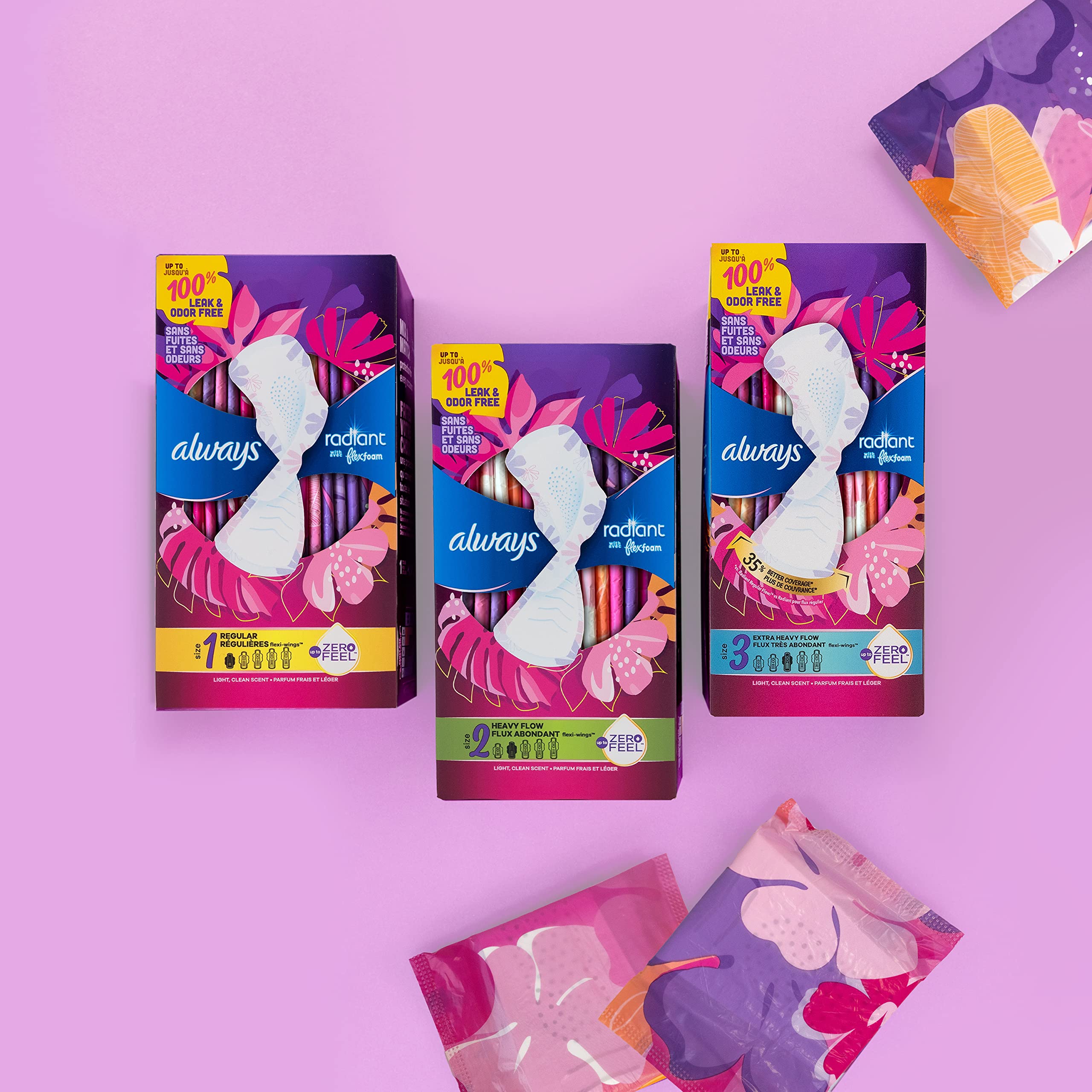 Always Radiant Feminine Pads For Women, Size 3 Extra Heavy Absorbency, With Flexfoam Always