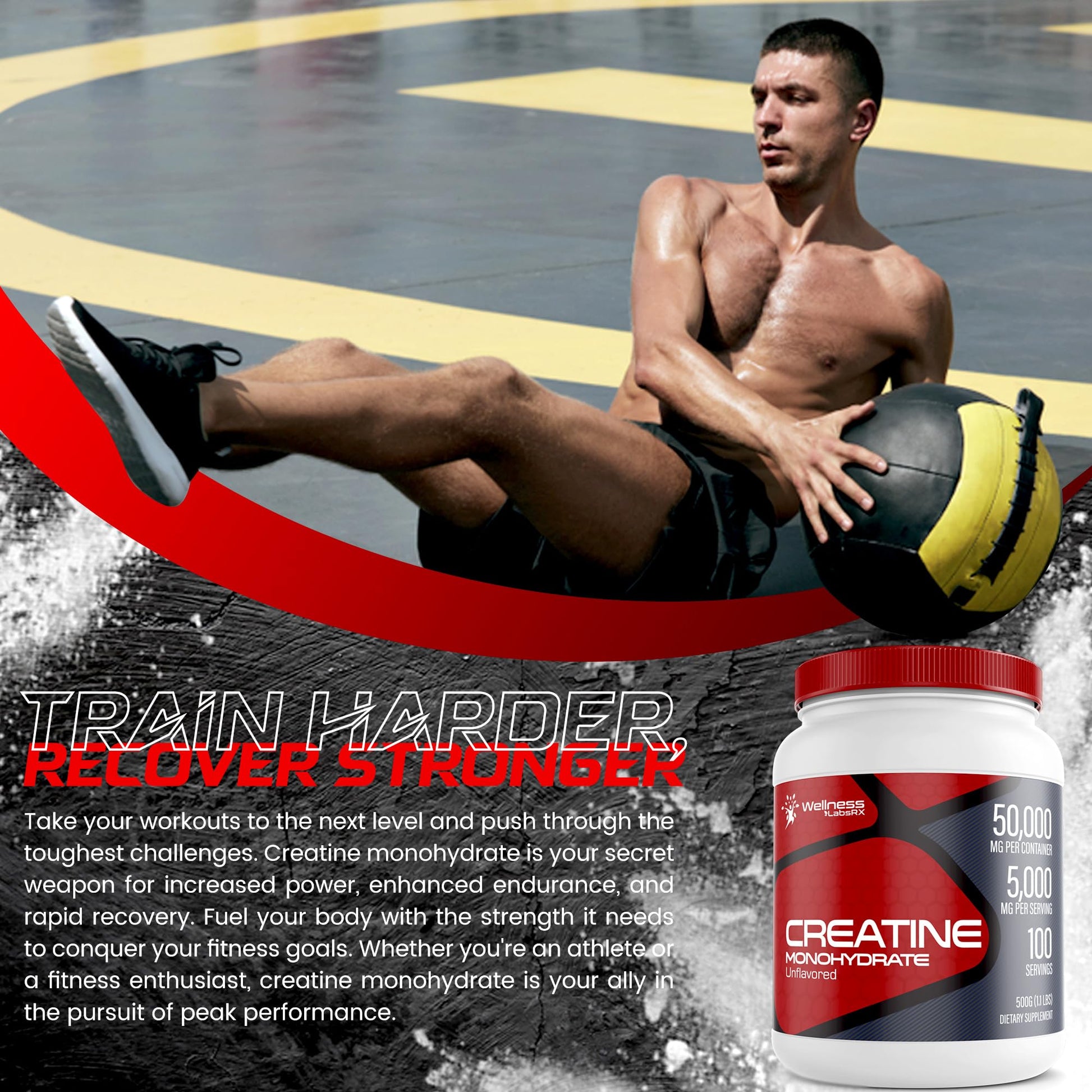 Creatine Monohydrate Powder - 5000mg Micronized for Muscle Growth, Enhanced WELLNESS LABSRX