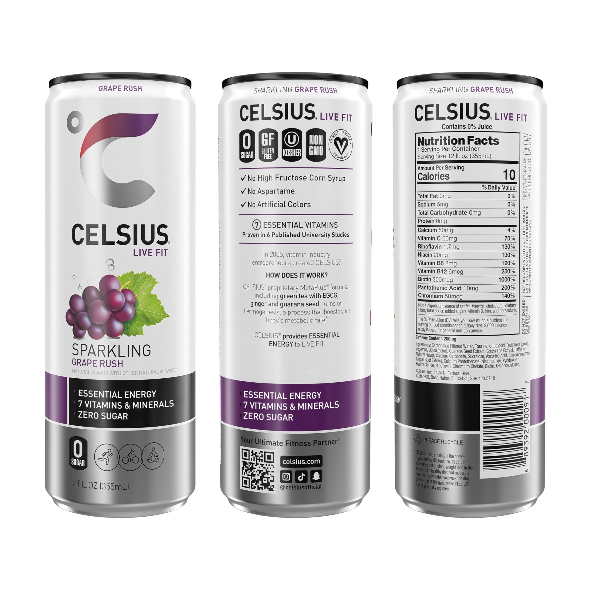 CELSIUS Sparkling Grape Rush, Functional Essential Energy Drink 12 Fl Oz (Pack of 12) CELSIUS