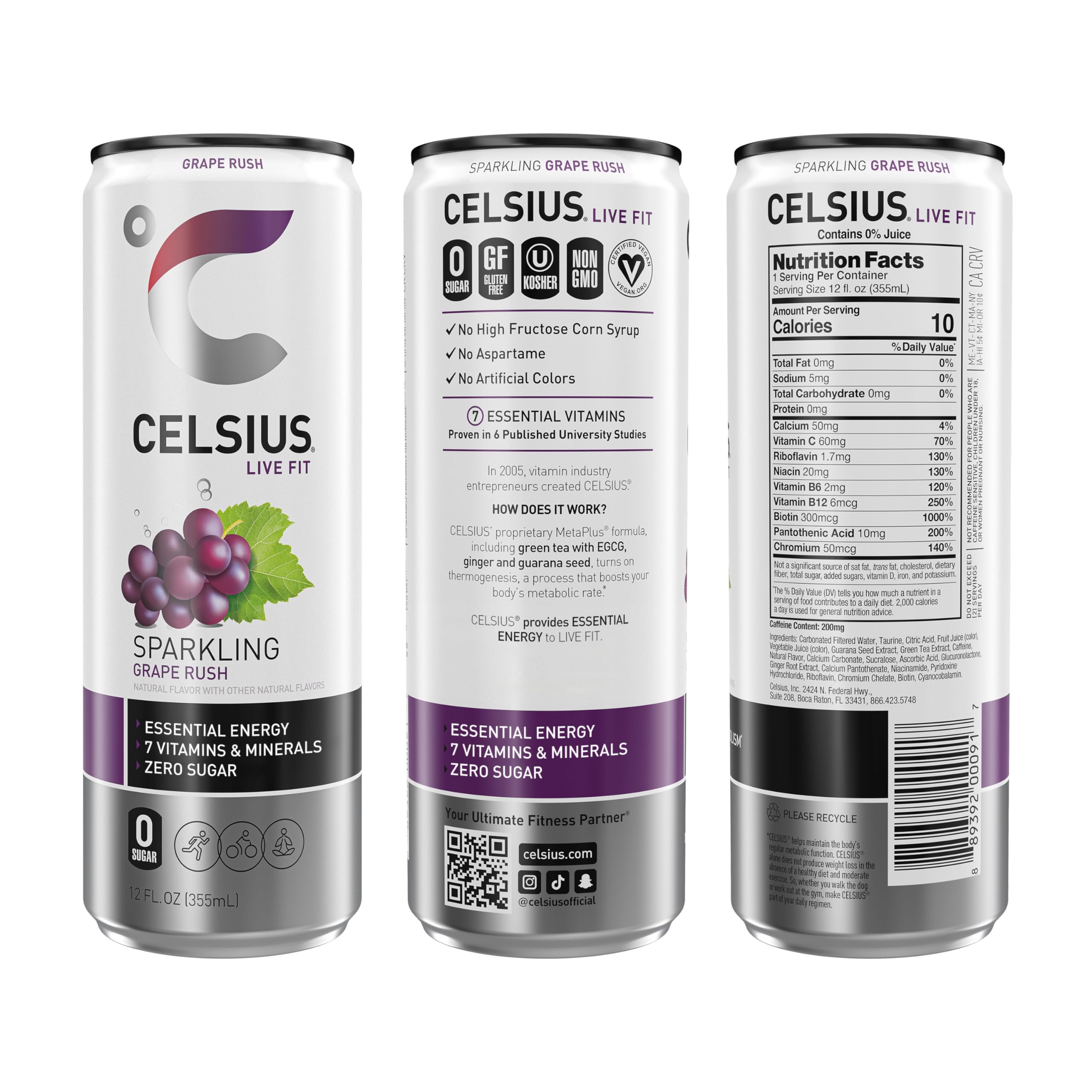 CELSIUS Sparkling Grape Rush, Functional Essential Energy Drink 12 Fl Oz (Pack of 12) CELSIUS