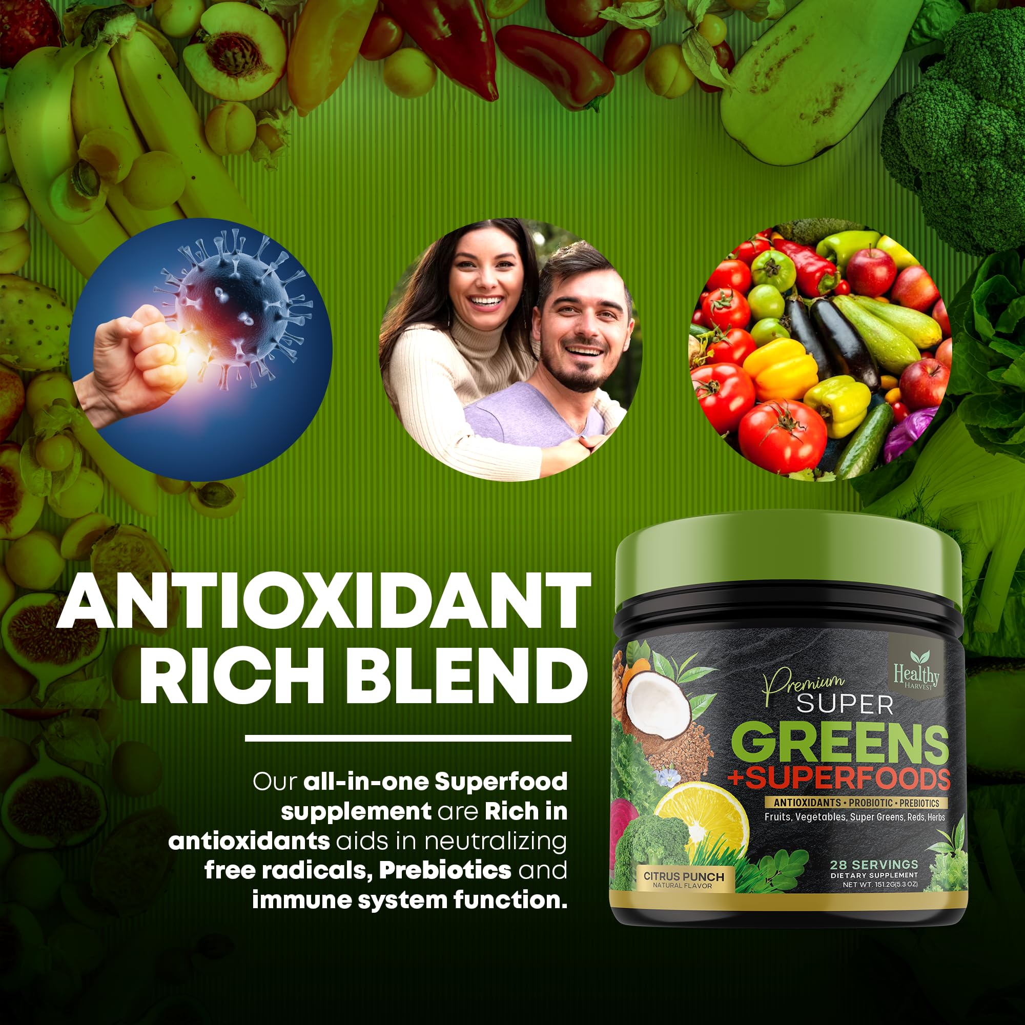 Greens Powder Superfood Supplement - Super Green Reds Smoothie Mix Blend with Spirulina Healthy Harvest Nutrition