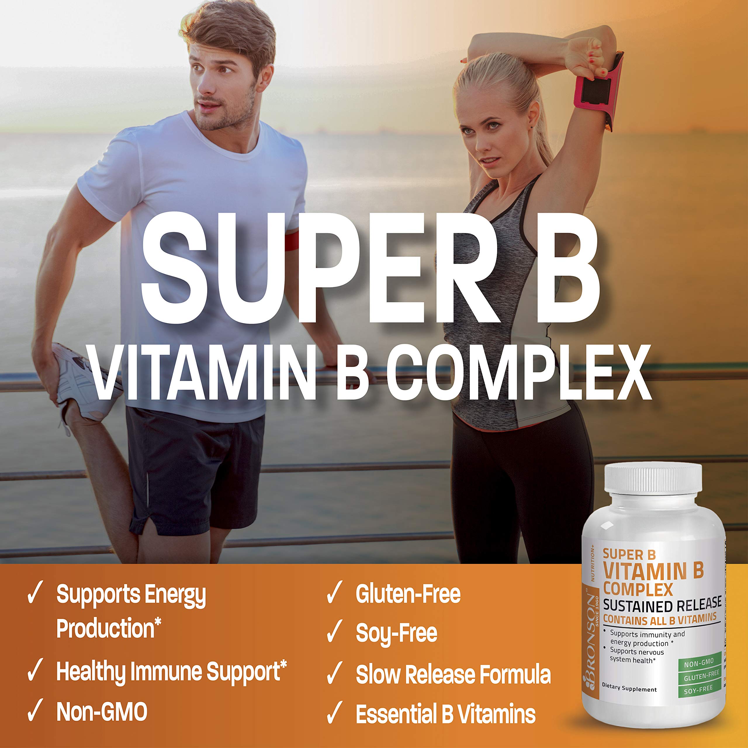 Bronson Super B Vitamin B Complex Sustained Slow Release Vitamin B1, B2, B3, B6, B9 Bronson
