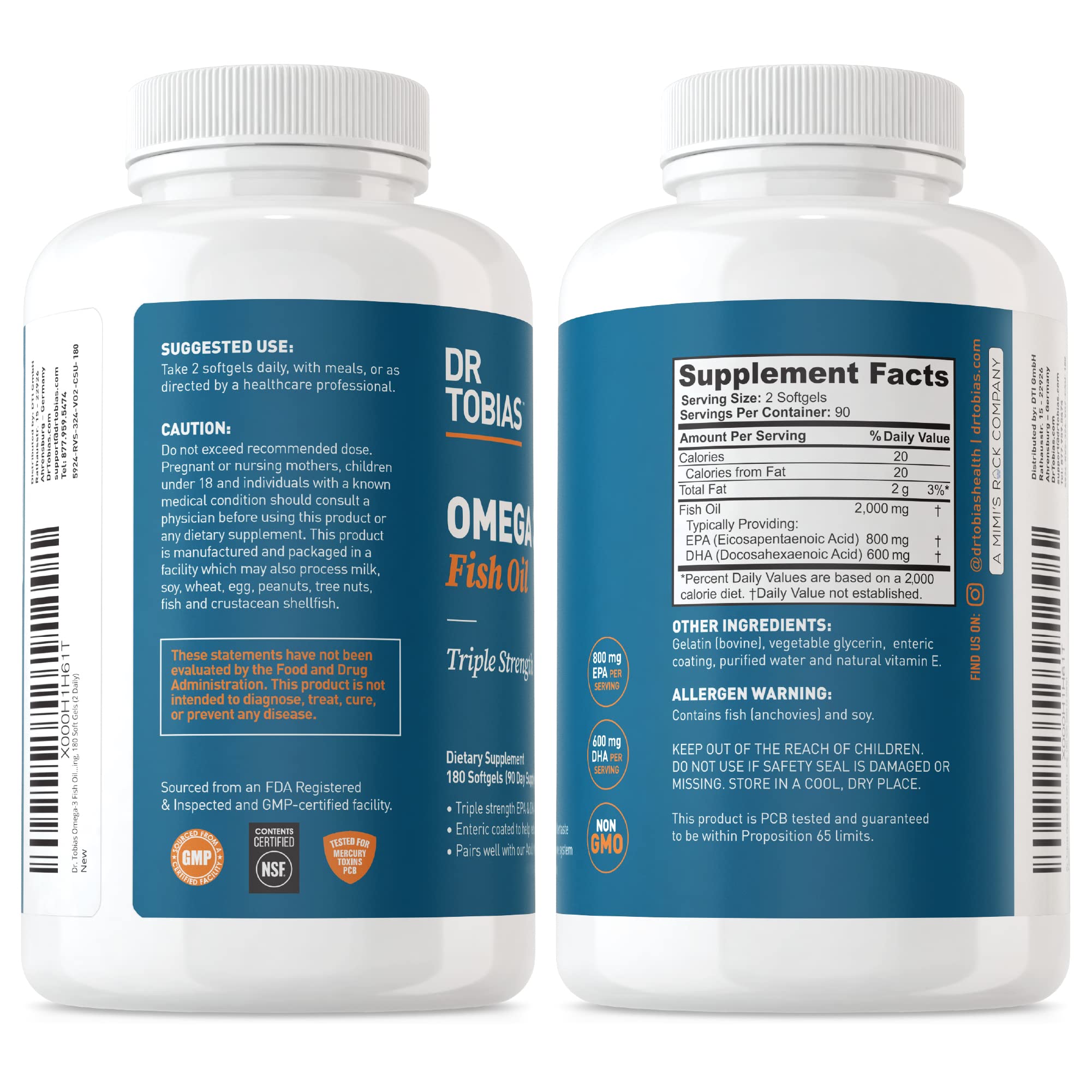 Dr. Tobias Omega 3 Fish Oil, 800 mg EPA 600 mg DHA Omega 3 Supplement for Heart Dr. Tobias