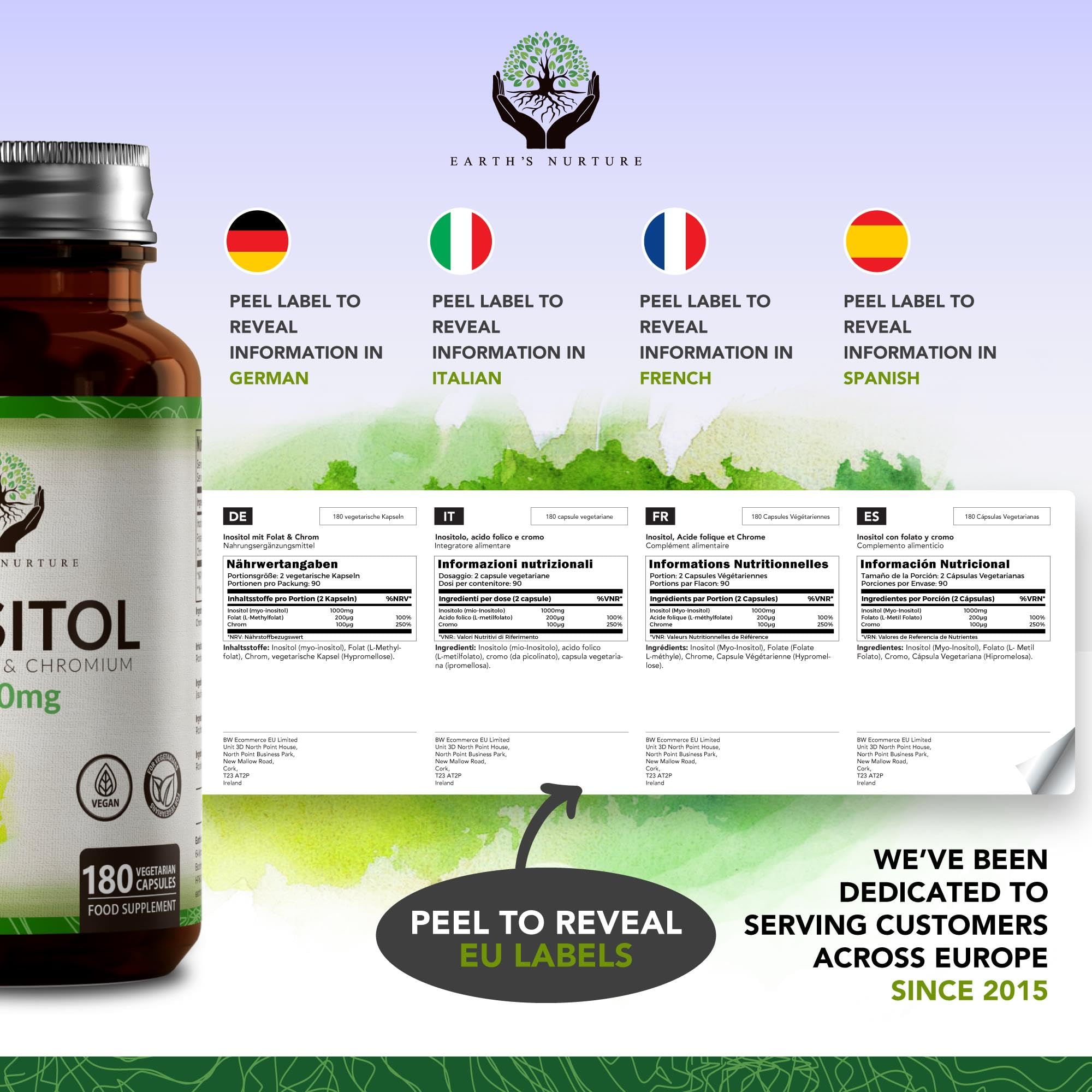 EN Myo-Inositol Chromium & Folate Blend | 1000mg Myo Inositol Per Serving | 180 Vegan Earth's Nurture