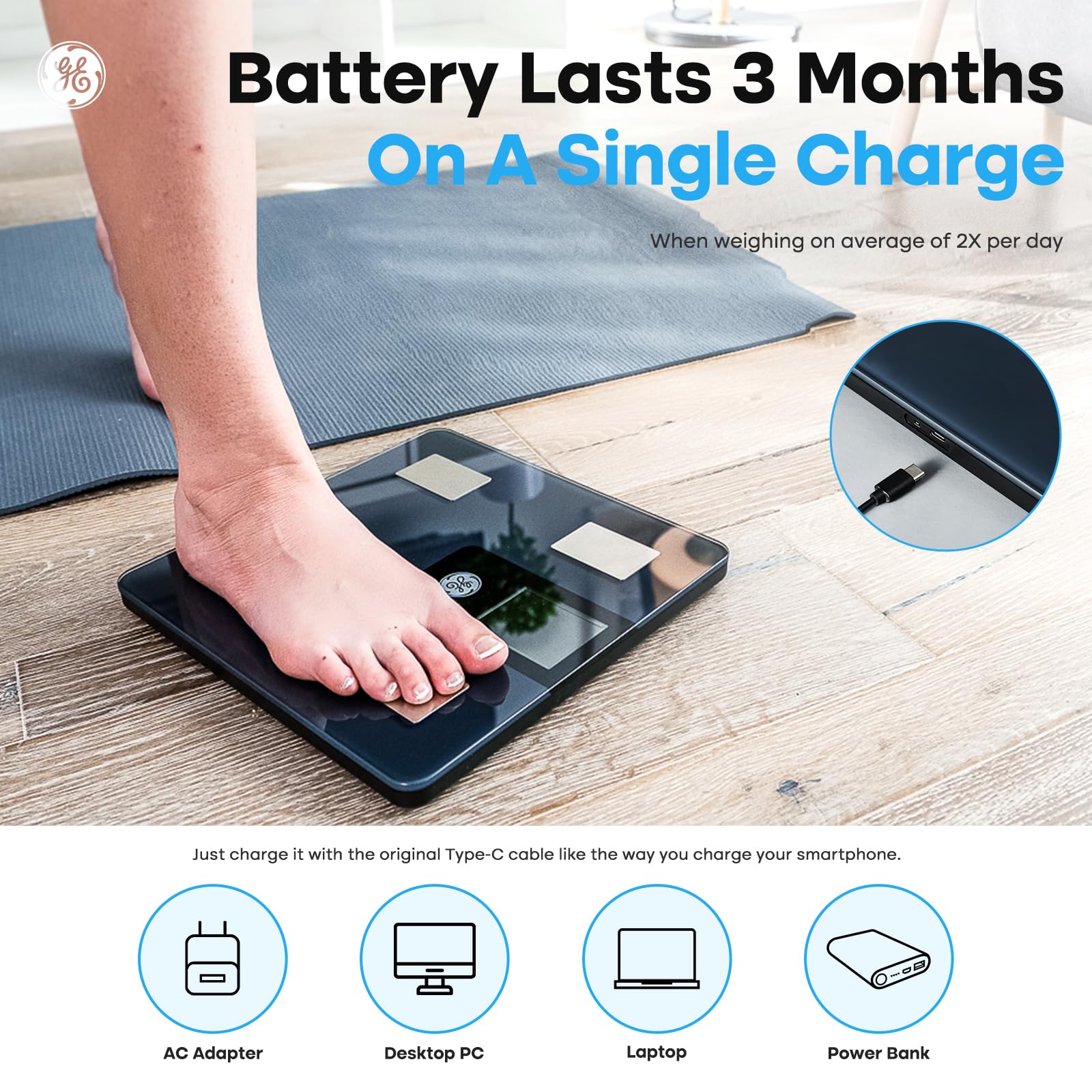 GE Smart Scale for Body Weight and Fat Percentage with All-in-one LCD Display GE