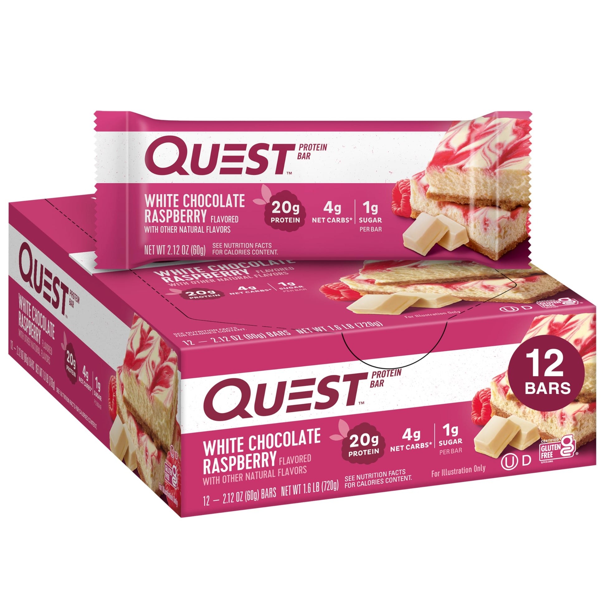 Quest Nutrition White Chocolate Raspberry Protein Bars, High Protein, Low Carb, Gluten Free