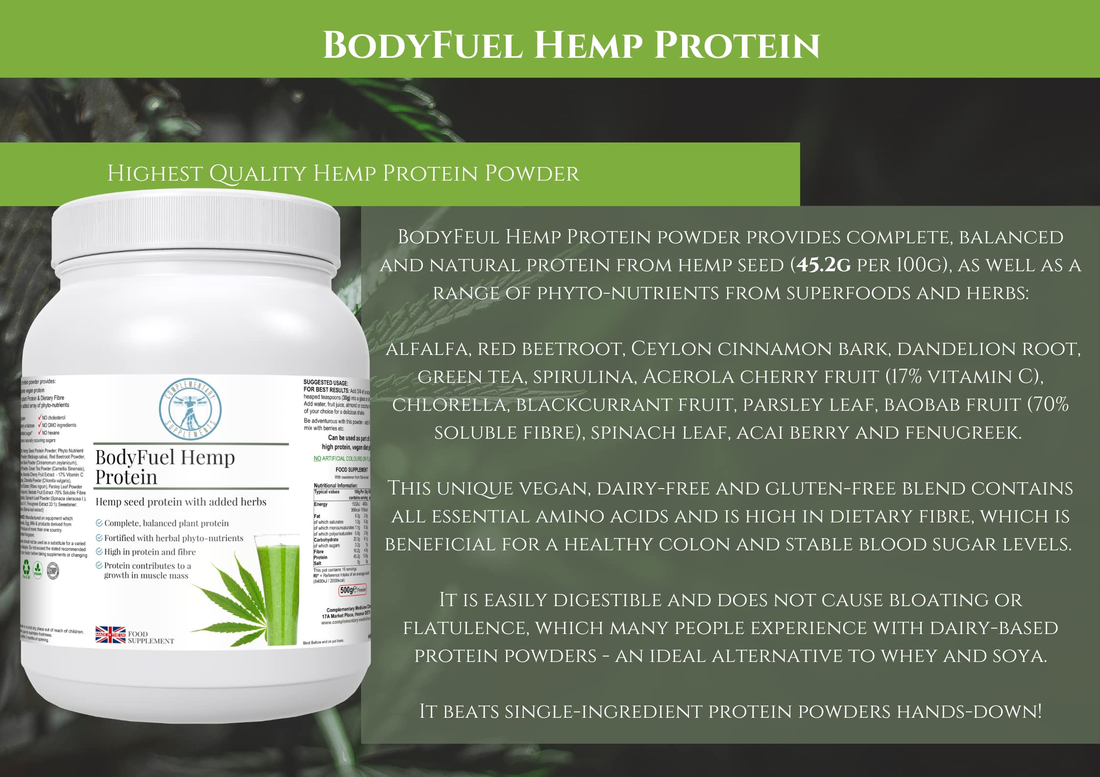 Complementary Supplements - BodyFuel Hemp Protein Powder Plus 14 Superfoods & Phytonutrients